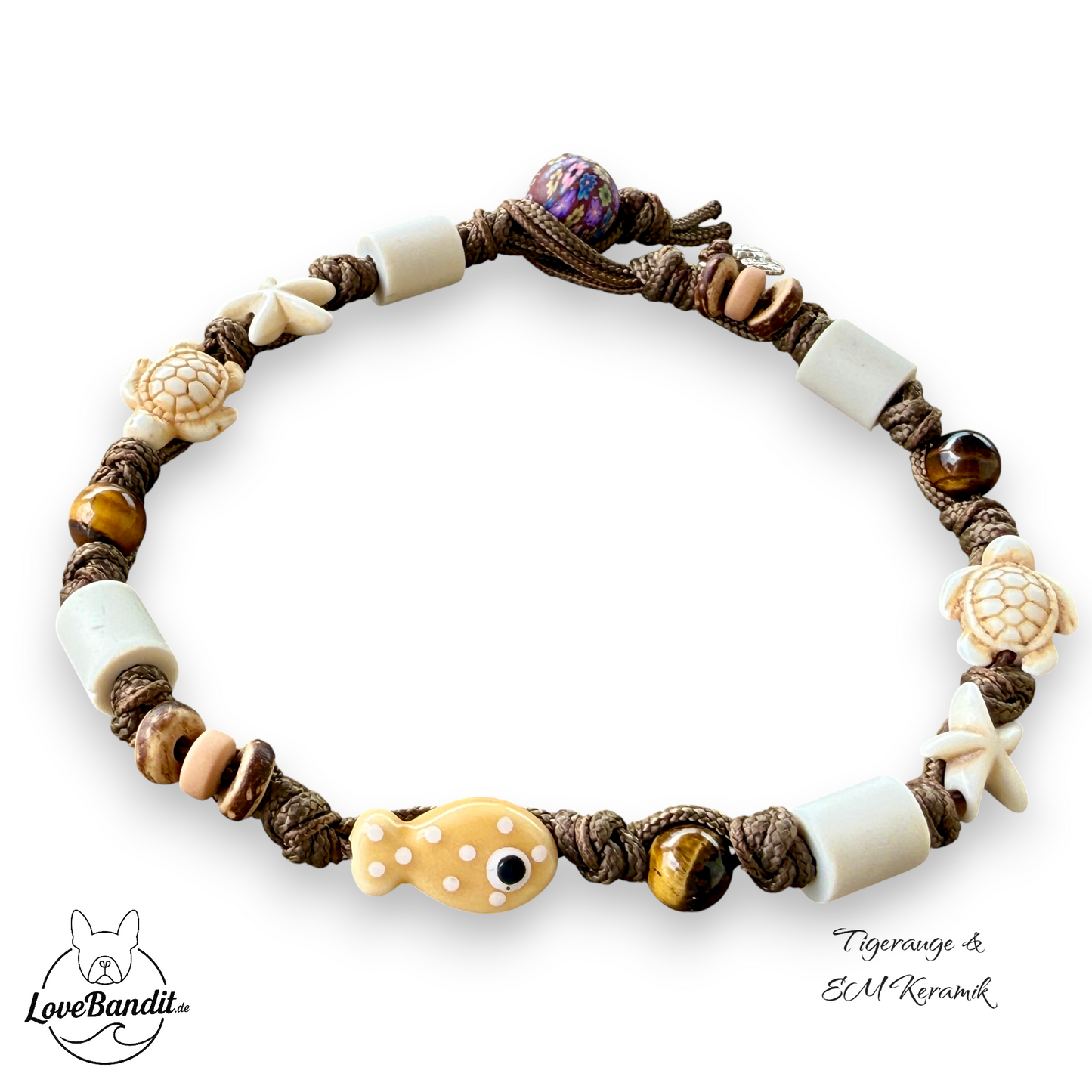 EM Keramik Halsband "Sandtiger" mit Tigerauge & Fisch Lovebandit