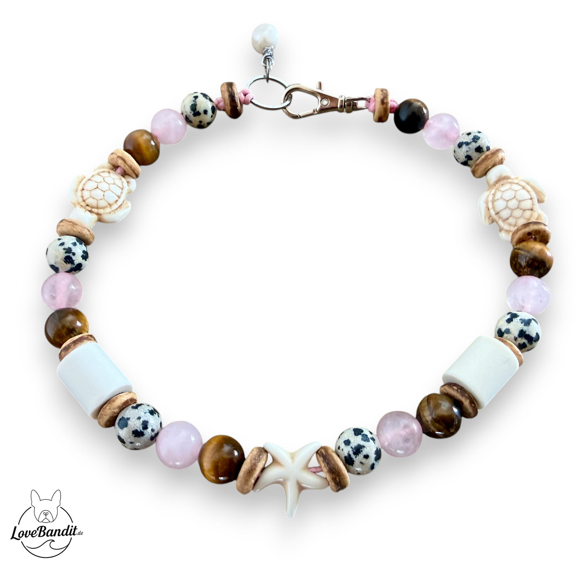 EM Keramik Heilstein Halsband Rosenquarz, Tigerauge, Dalmatinerjaspis Lovebandit