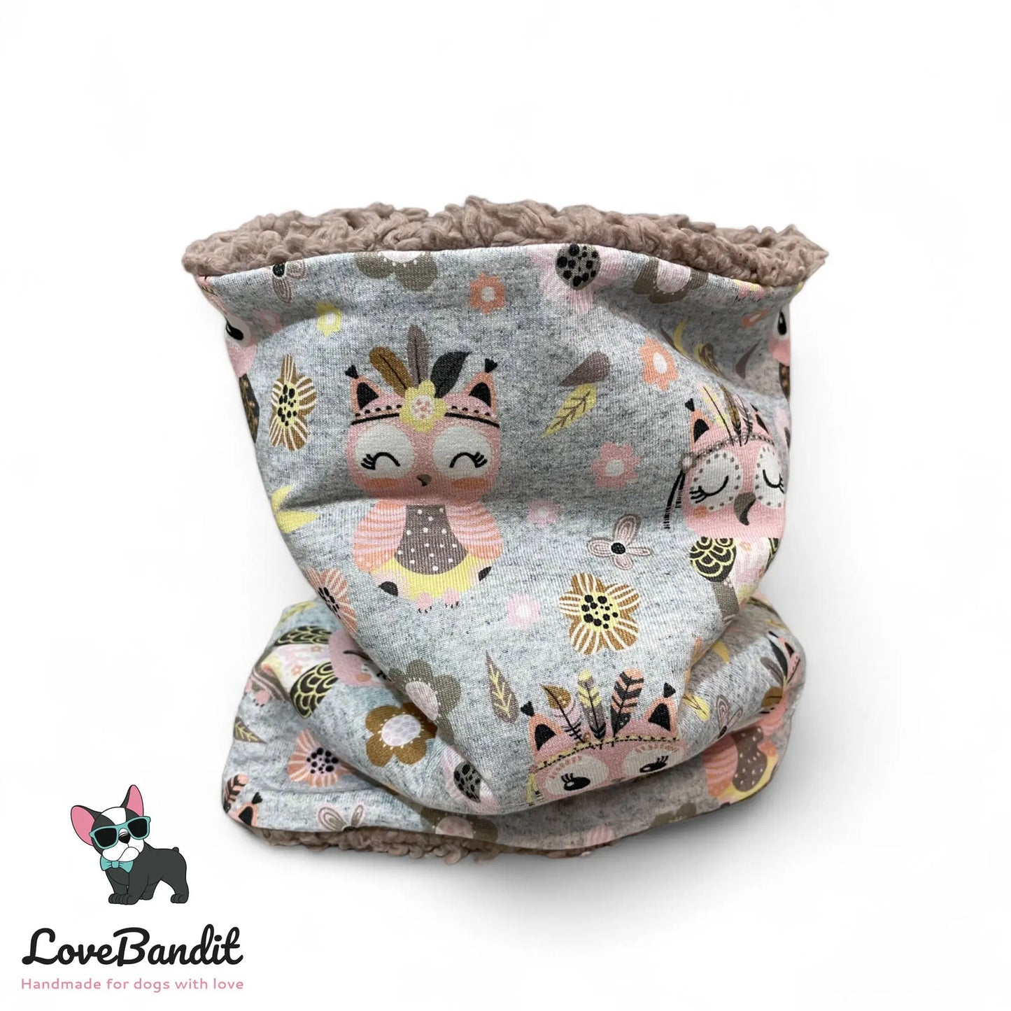 Hundeloop Hundeschal "Boho Eulen" Graumeliert mit Fleece oder Teddyplüsch Lovebandit