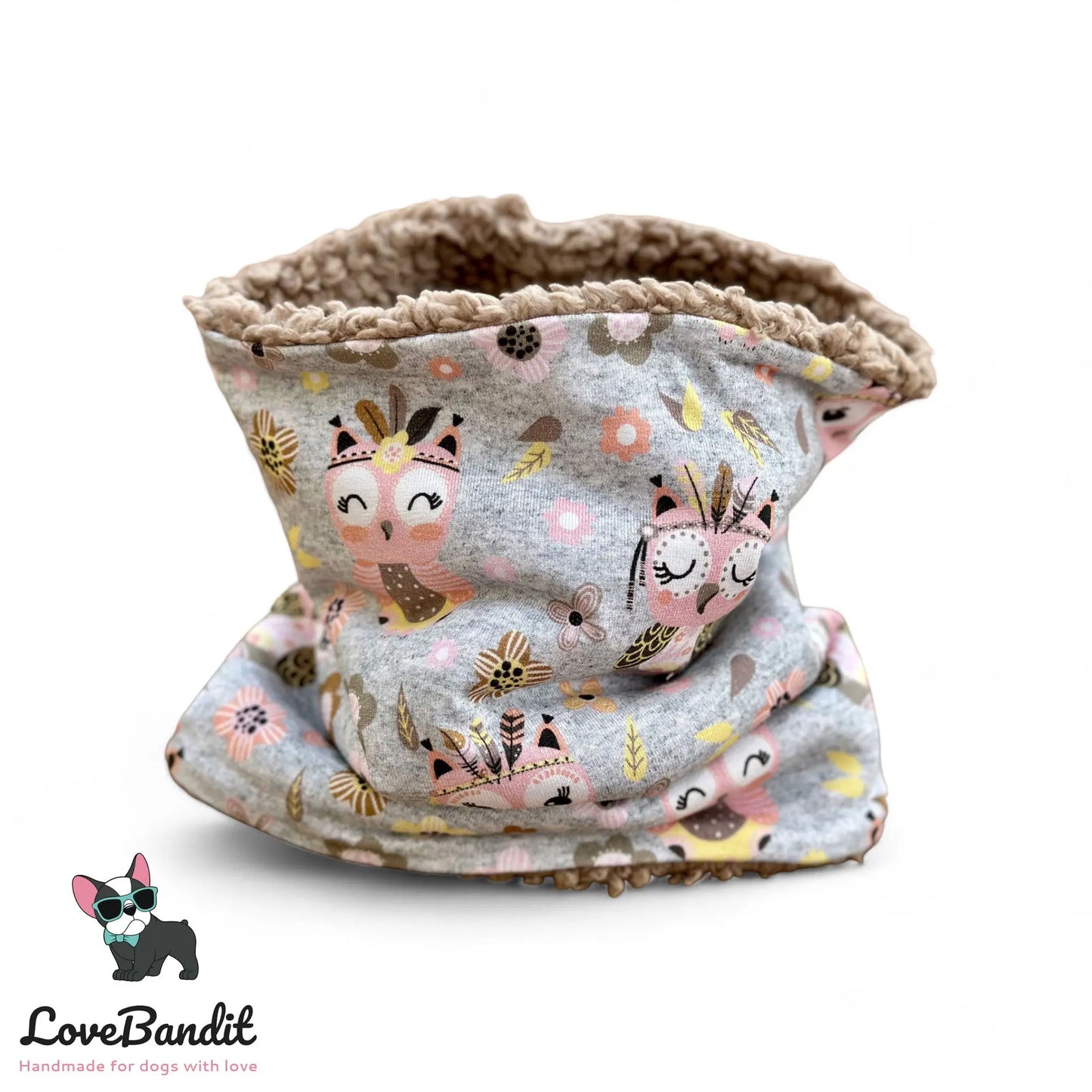 Hundeloop Hundeschal "Boho Eulen" Graumeliert mit Fleece oder Teddyplüsch Lovebandit