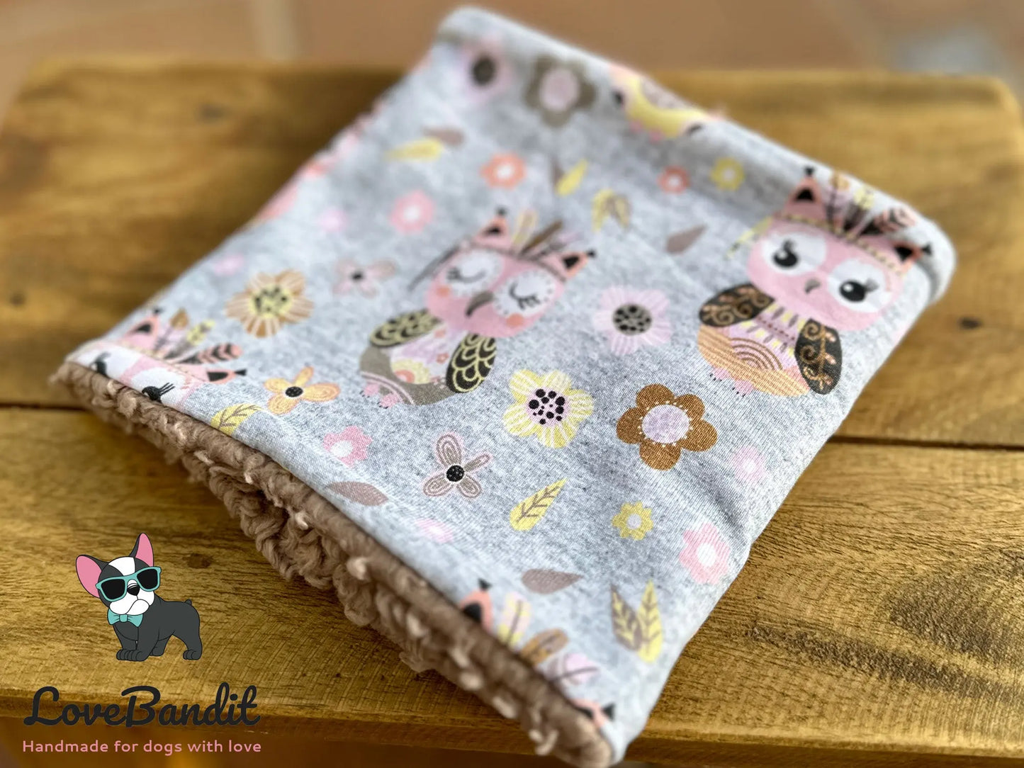 Hundeloop Hundeschal "Boho Eulen" Graumeliert mit Fleece oder Teddyplüsch Lovebandit