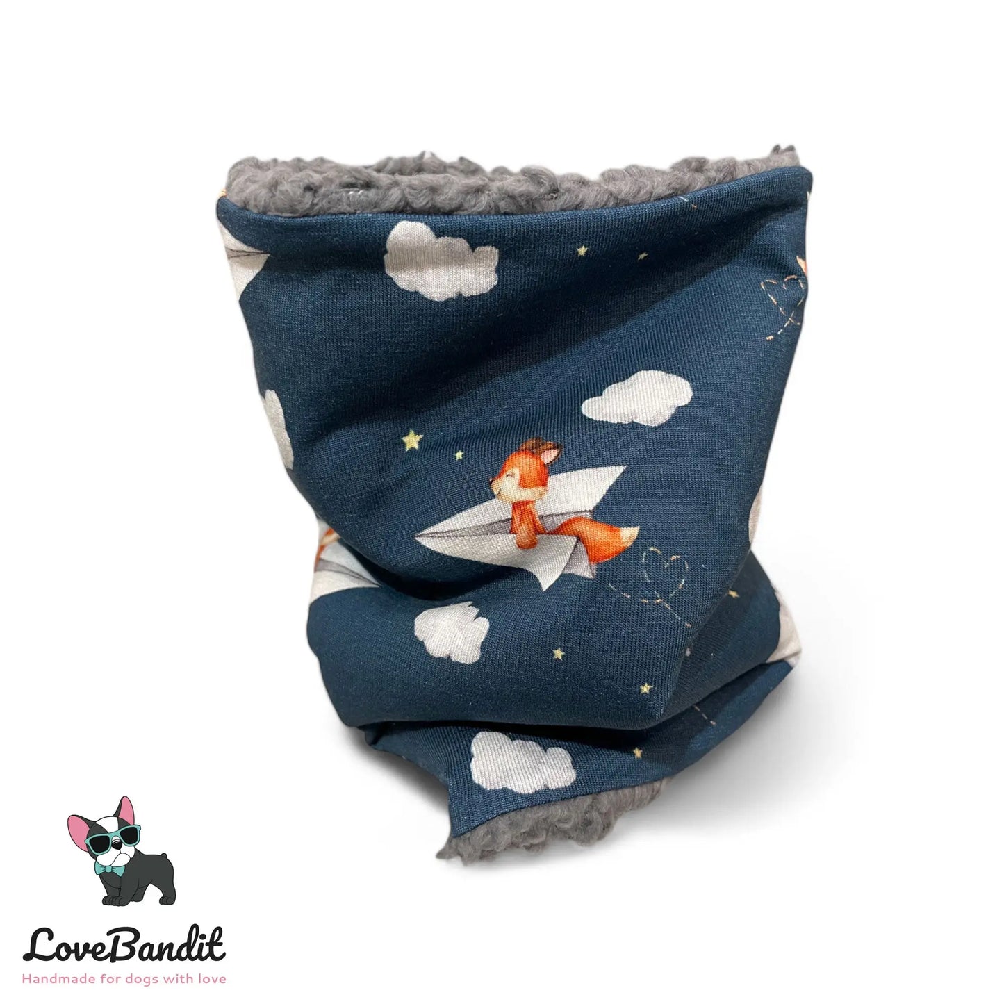 Hundeloop Hundeschal "Fliegender Fuchs" mit Fleece oder Teddyplüsch (blau) - LoveBandit