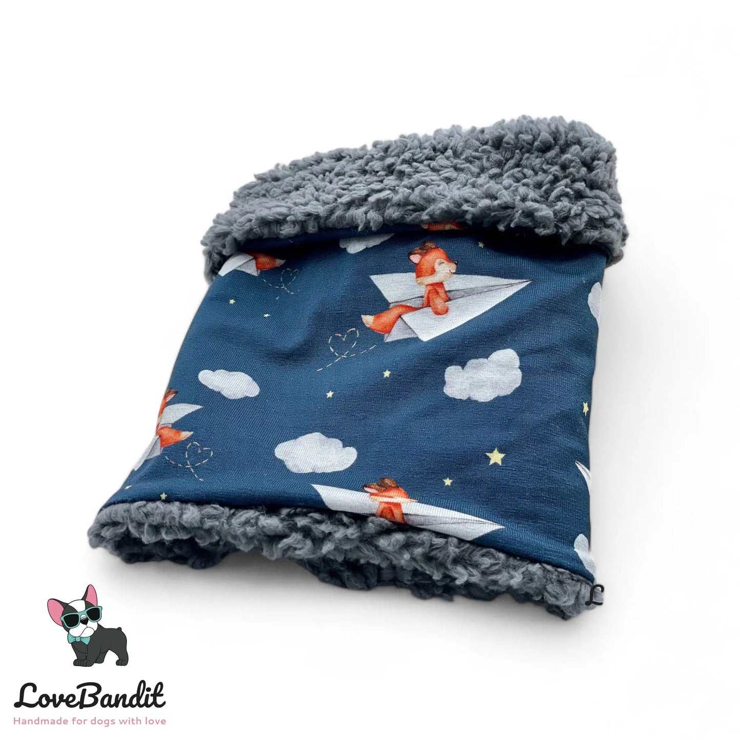 Hundeloop Hundeschal "Fliegender Fuchs" mit Fleece oder Teddyplüsch (blau) - LoveBandit