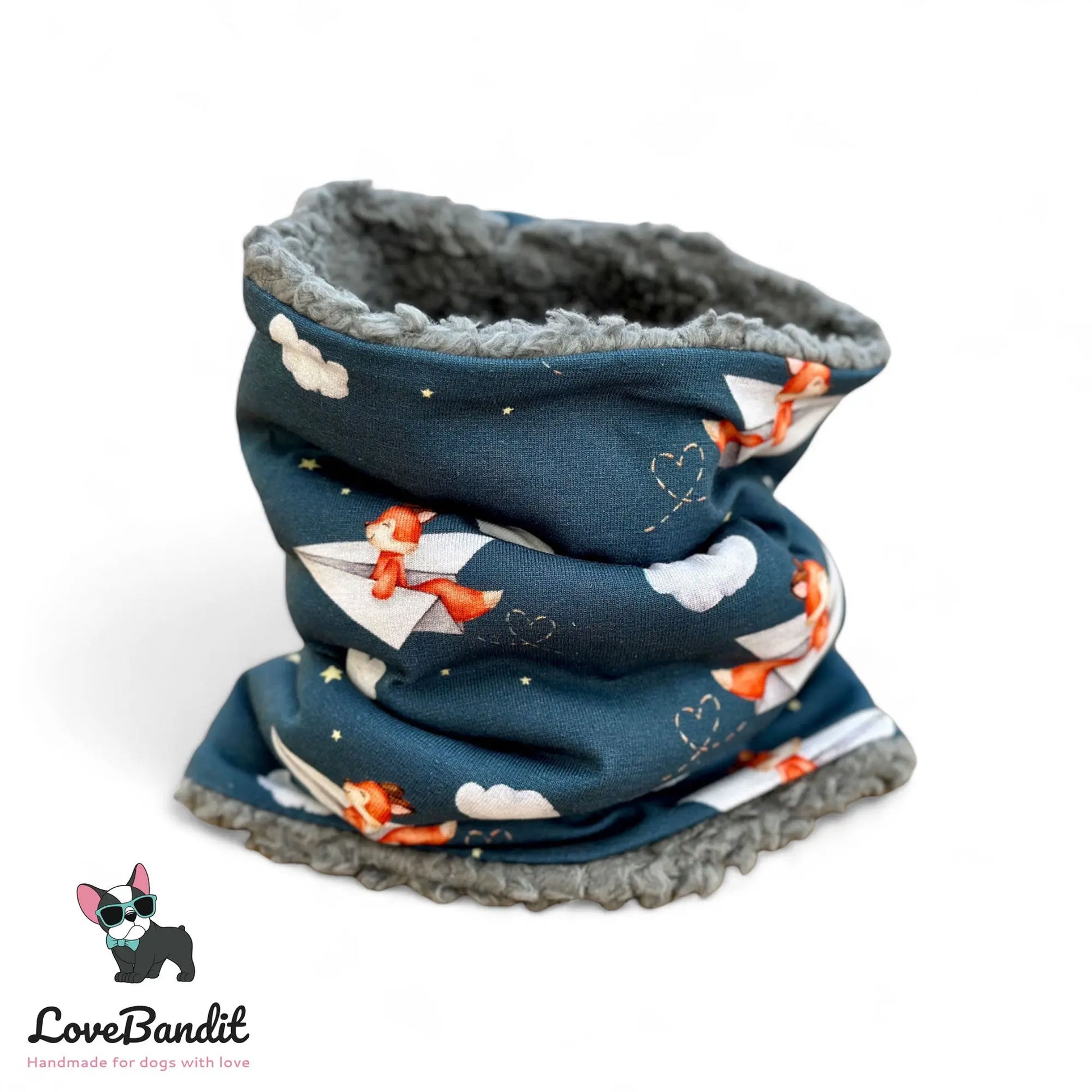 Hundeloop Hundeschal "Fliegender Fuchs" mit Fleece oder Teddyplüsch (blau) - LoveBandit