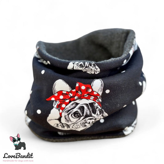 Hundeloop Hundeschal "Französische Bulldogge Bandana" mit Fleece oder Teddyplüsch schwarz Dots (Bandana) Lovebandit