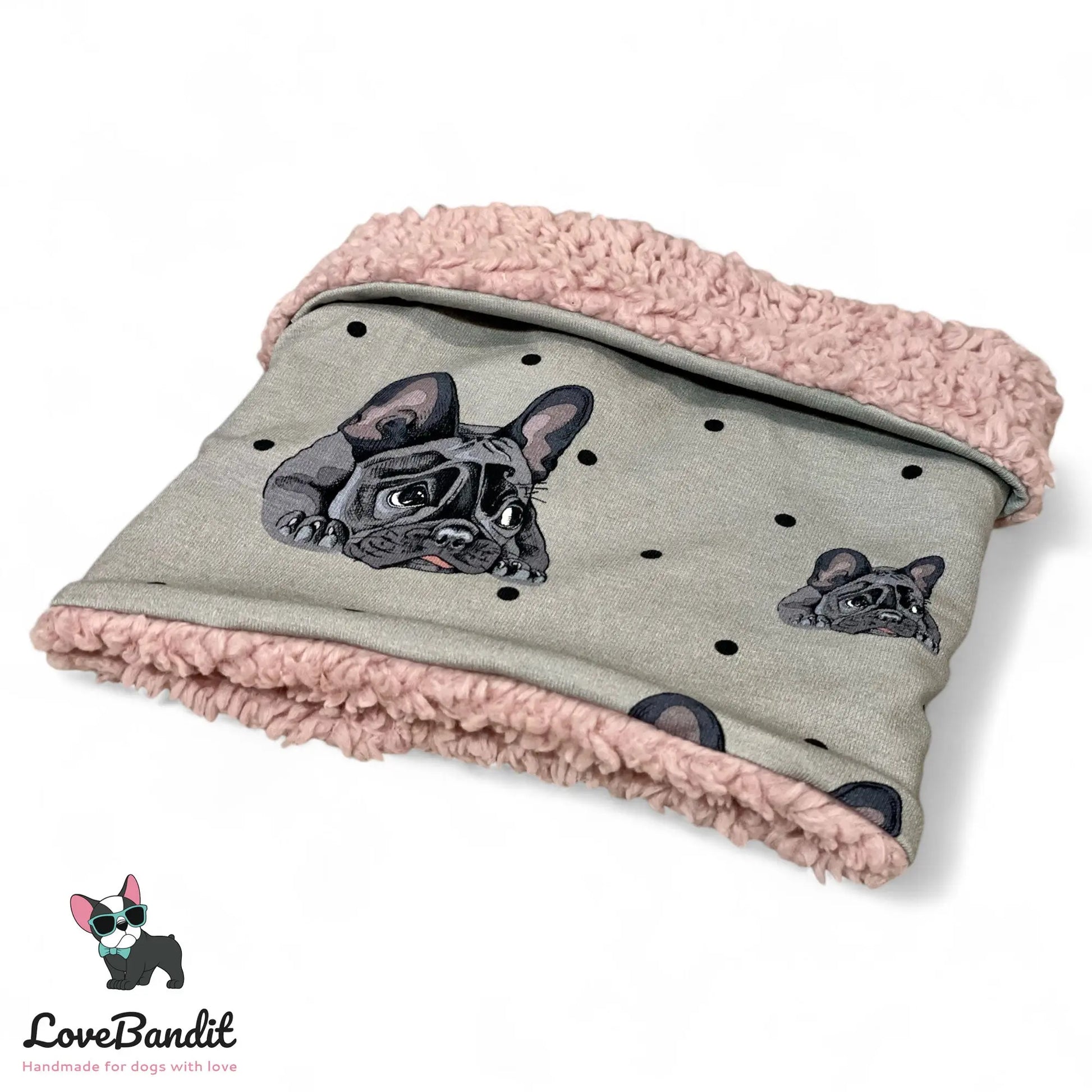 Hundeloop Hundeschal "Französische Bulldogge und Punkte" mit Fleece oder Teddyplüsch (Grau) Lovebandit