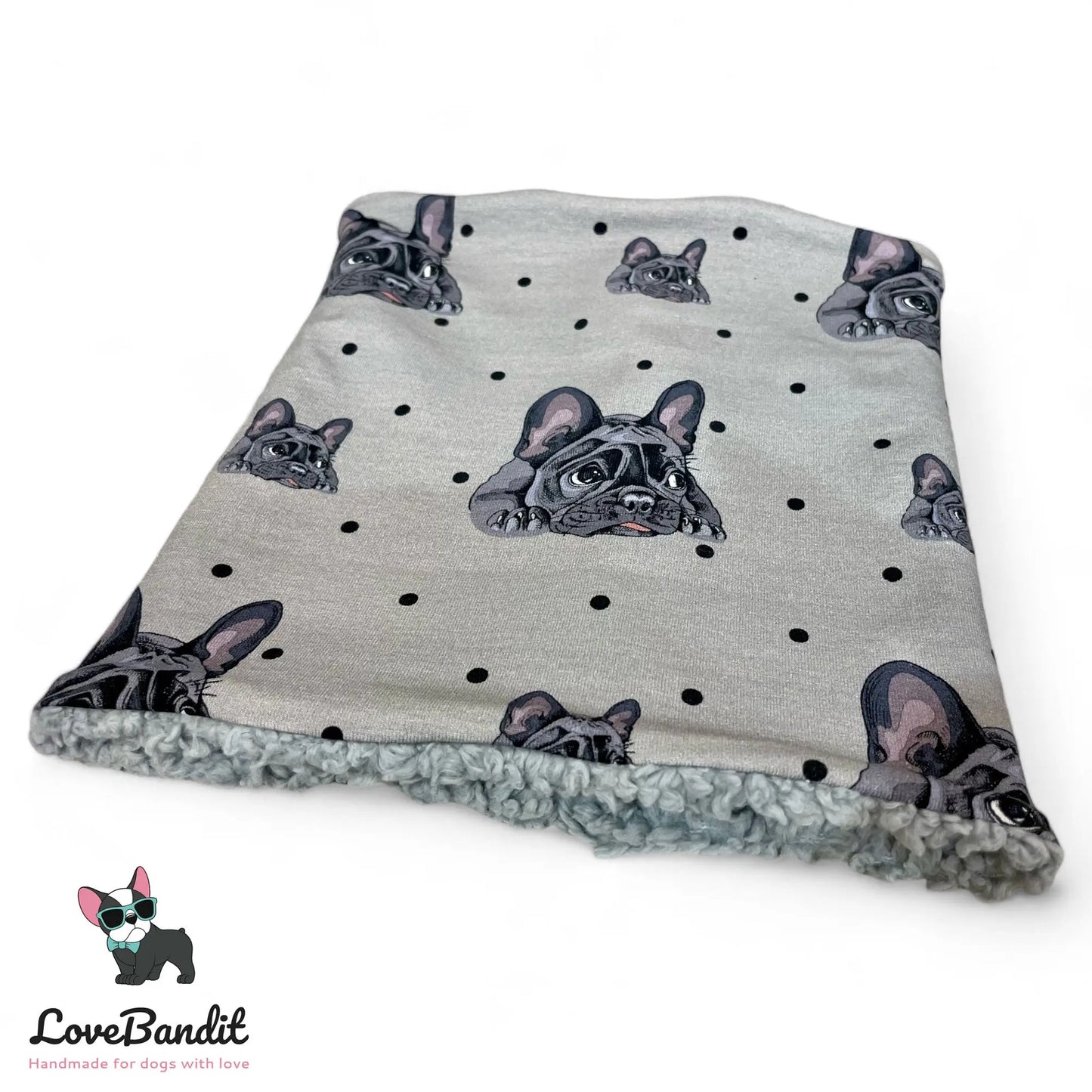 Hundeloop Hundeschal "Französische Bulldogge und Punkte" mit Fleece oder Teddyplüsch (Grau) Lovebandit