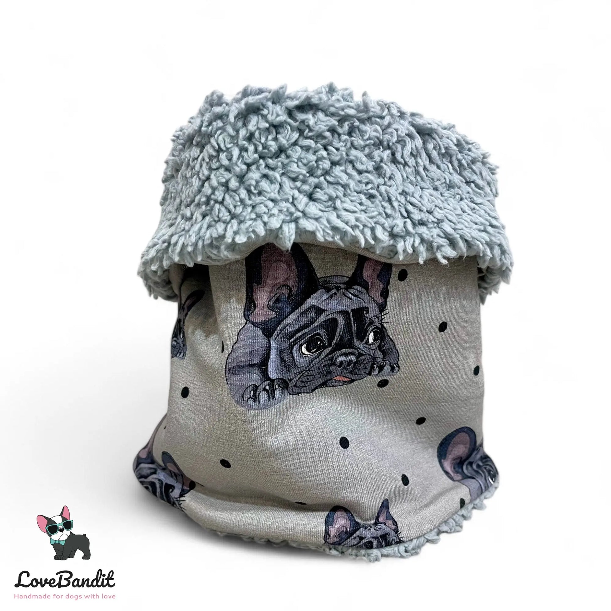 Hundeloop Hundeschal "Französische Bulldogge und Punkte" mit Fleece oder Teddyplüsch (Grau) Lovebandit