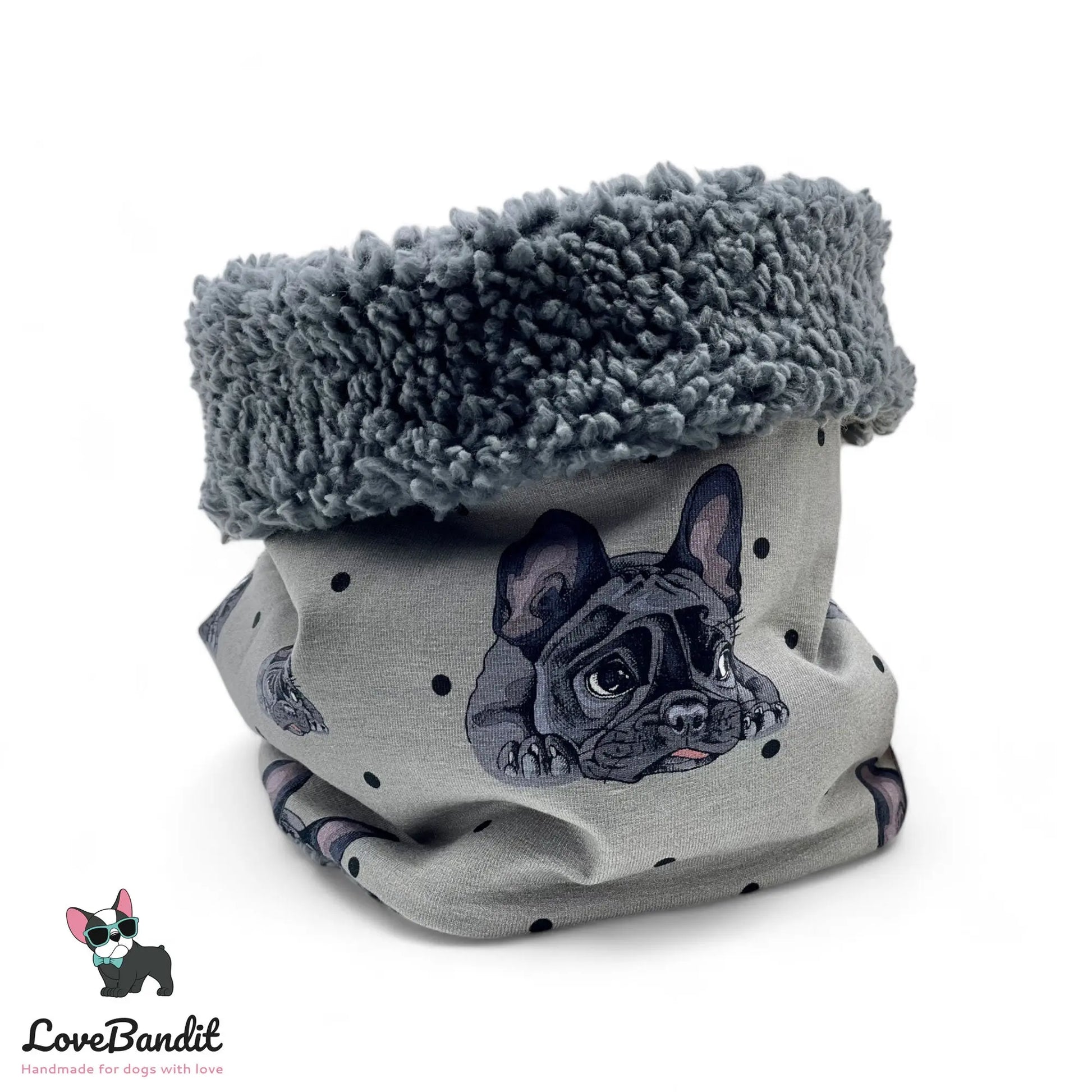 Hundeloop Hundeschal "Französische Bulldogge und Punkte" mit Fleece oder Teddyplüsch (Grau) Lovebandit