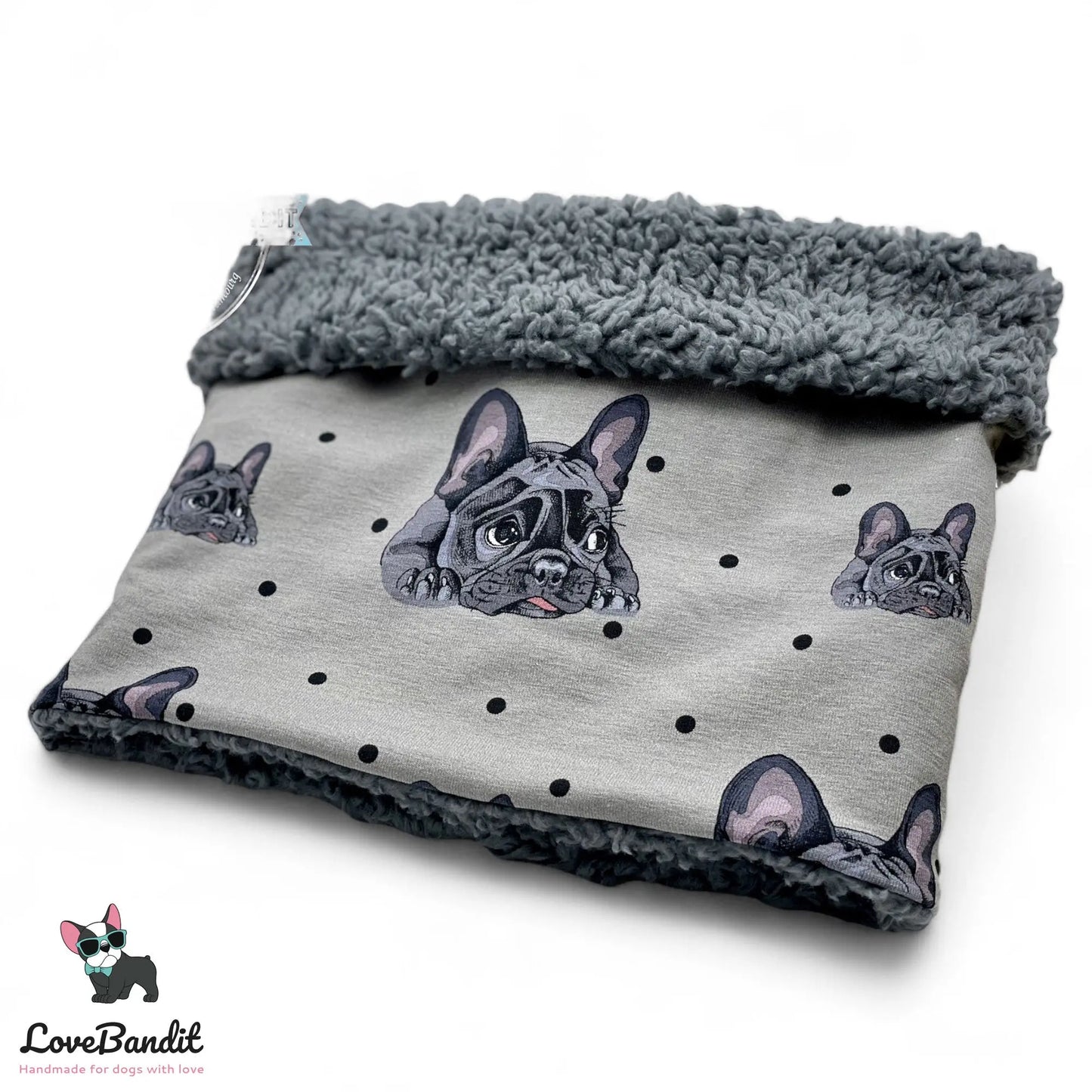 Hundeloop Hundeschal "Französische Bulldogge und Punkte" mit Fleece oder Teddyplüsch (Grau) Lovebandit