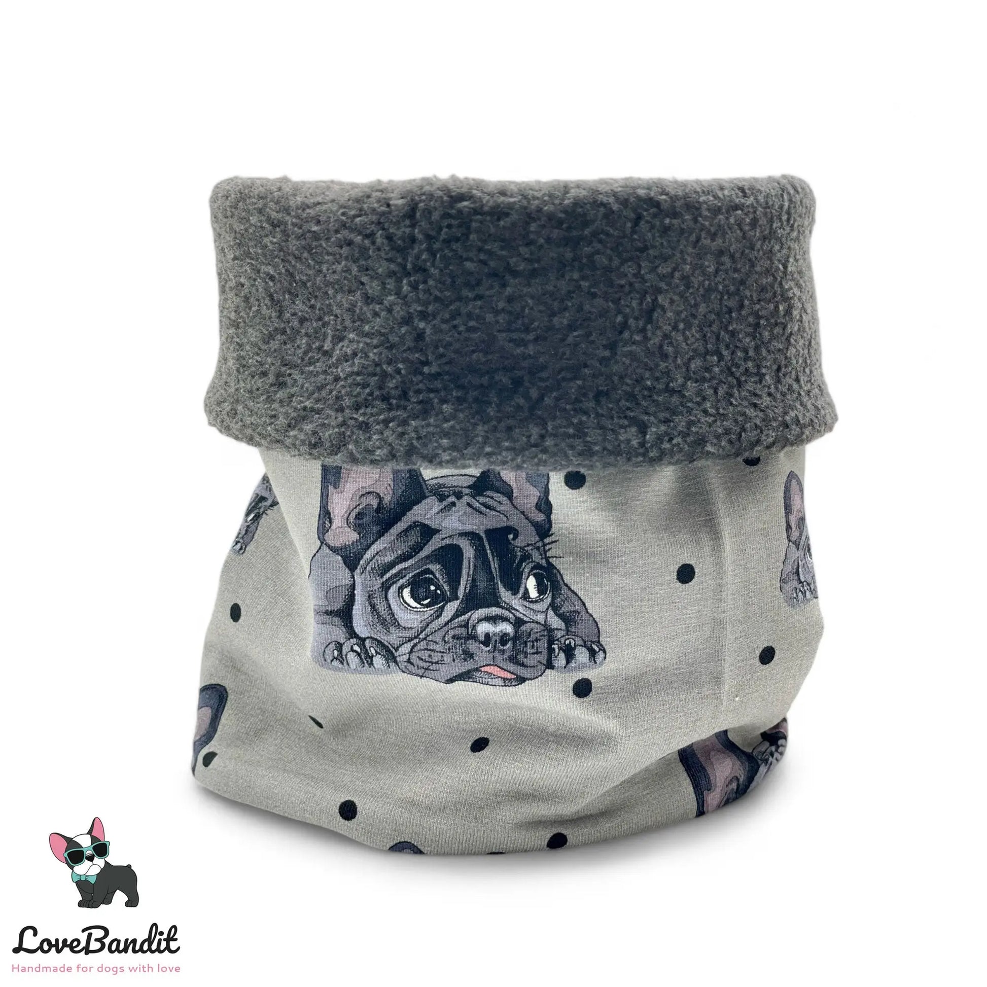 Hundeloop Hundeschal "Französische Bulldogge und Punkte" mit Fleece oder Teddyplüsch (Grau) Lovebandit