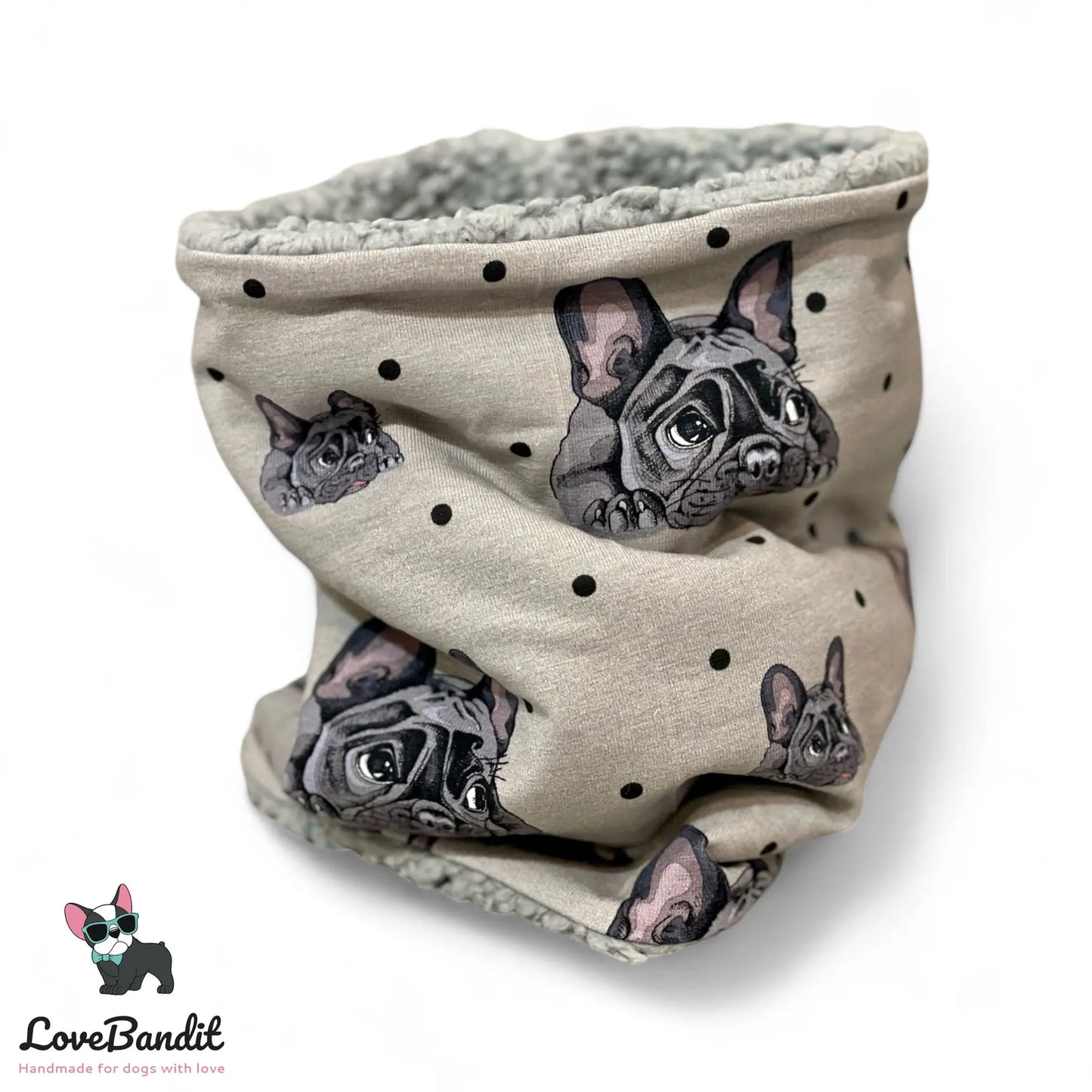 Hundeloop Hundeschal "Französische Bulldogge und Punkte" mit Fleece oder Teddyplüsch (Grau) Lovebandit