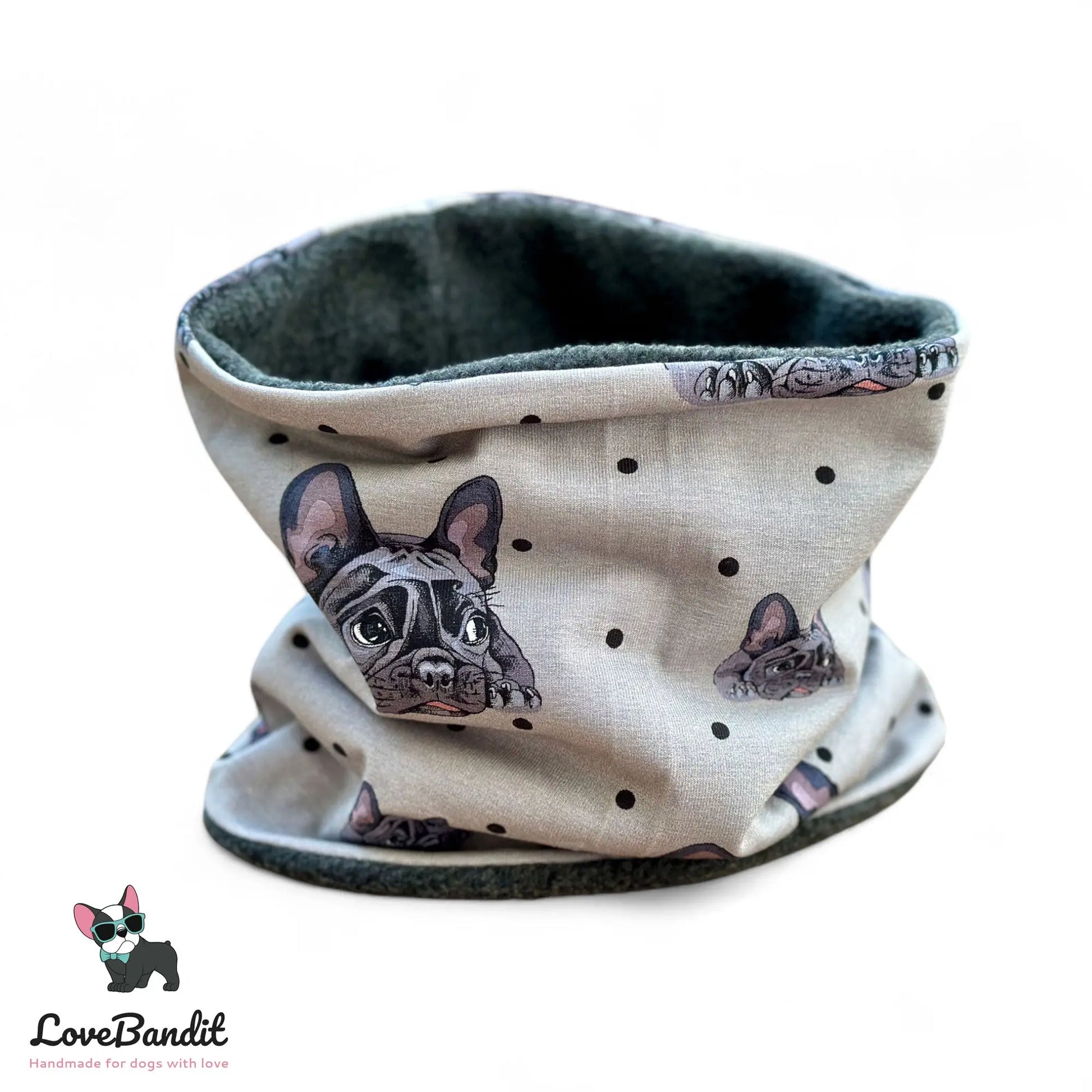 Hundeloop Hundeschal "Französische Bulldogge und Punkte" mit Fleece oder Teddyplüsch (Grau) Lovebandit