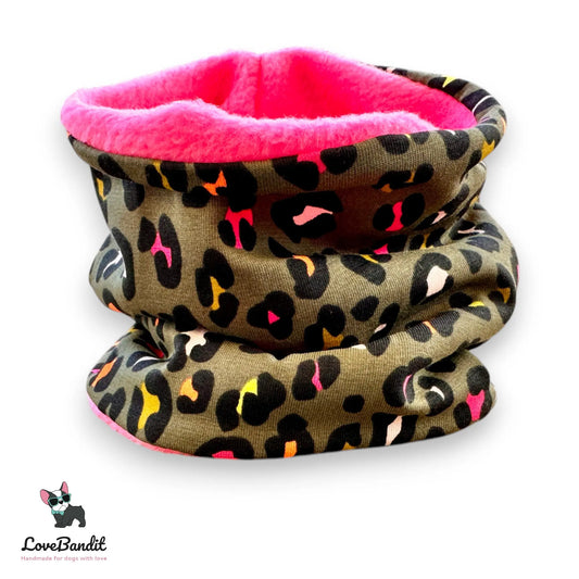 Hundeloop Hundeschal "Neo Leo oliv" Leopardenprint Neon Farbakzente Lovebandit