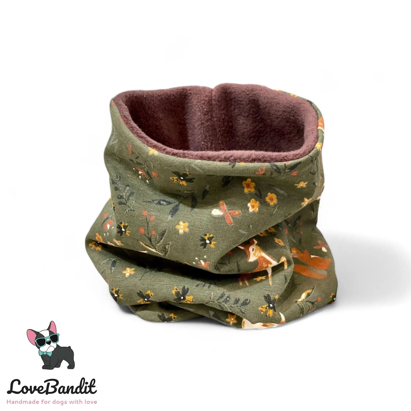 Hundeloop Hundeschal "Reh, Hase & Eichhörnchen oliv" mit Fleece oder Teddyplüsch - LoveBandit