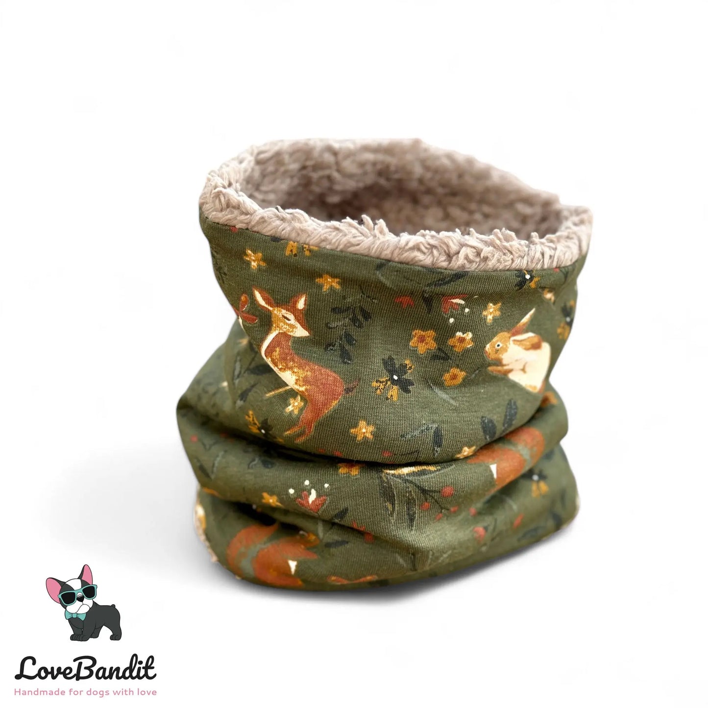 Hundeloop Hundeschal "Reh, Hase & Eichhörnchen oliv" mit Fleece oder Teddyplüsch Lovebandit