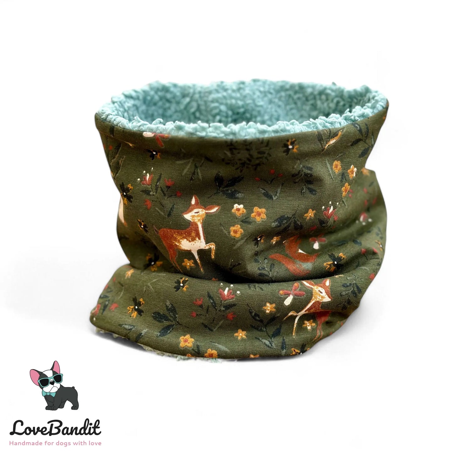 Hundeloop Hundeschal "Reh, Hase & Eichhörnchen oliv" mit Fleece oder Teddyplüsch - LoveBandit