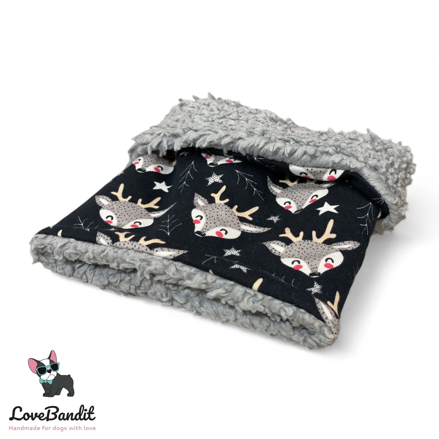 Hundeloop Hundeschal "Rentier" Schwarz mit Fleece oder Teddyplüsch Lovebandit