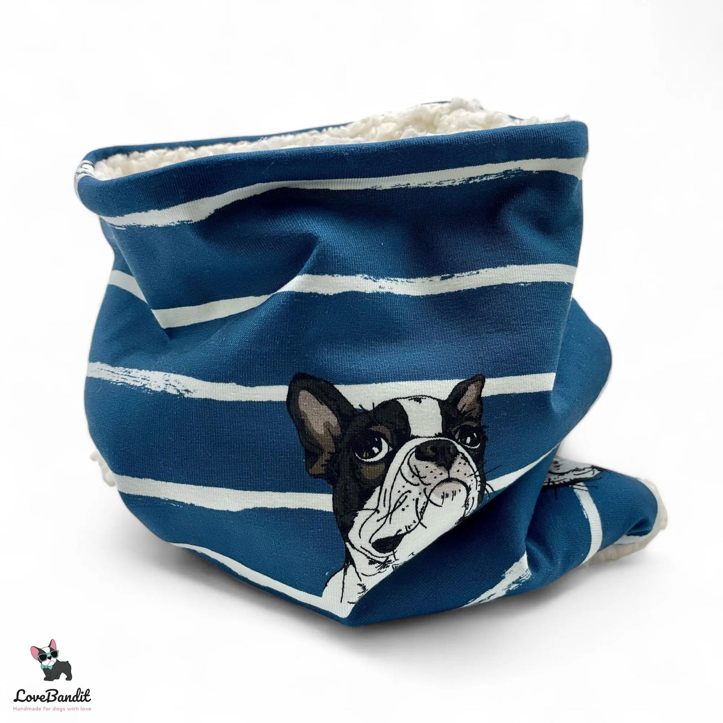 Hundeloop Hundeschal "Winter Boston" Boston Terrier blau gestreift mit Fleece oder Teddyplüsch - LoveBandit