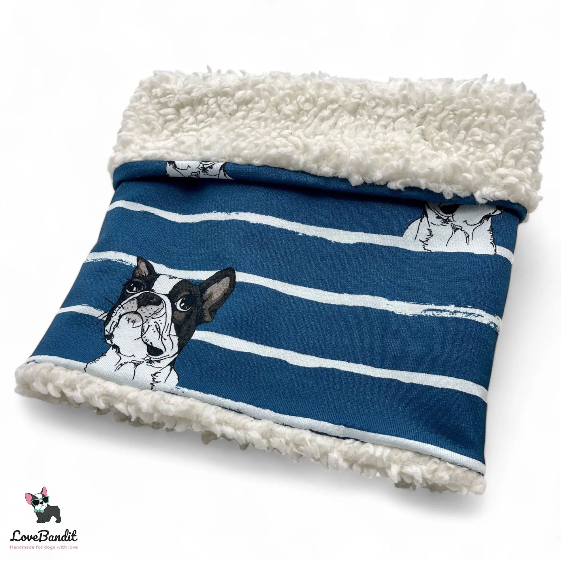 Hundeloop Hundeschal "Winter Boston" Boston Terrier blau gestreift mit Fleece oder Teddyplüsch Lovebandit