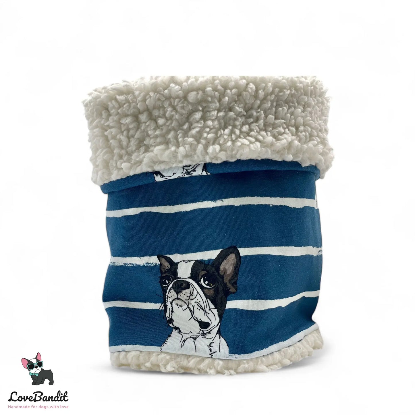 Hundeloop Hundeschal "Winter Boston" Boston Terrier blau gestreift mit Fleece oder Teddyplüsch - LoveBandit