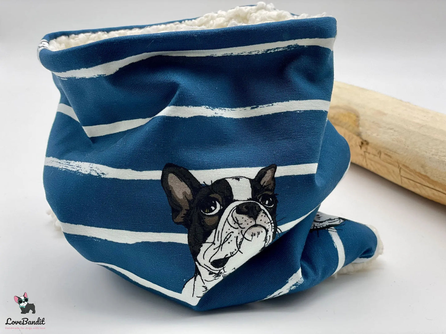 Hundeloop Hundeschal "Winter Boston" Boston Terrier blau gestreift mit Fleece oder Teddyplüsch Lovebandit