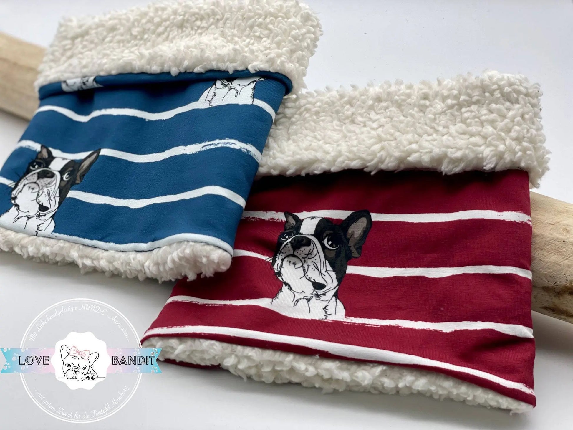 Hundeloop Hundeschal "Winter Boston" Boston Terrier blau gestreift mit Fleece oder Teddyplüsch Lovebandit