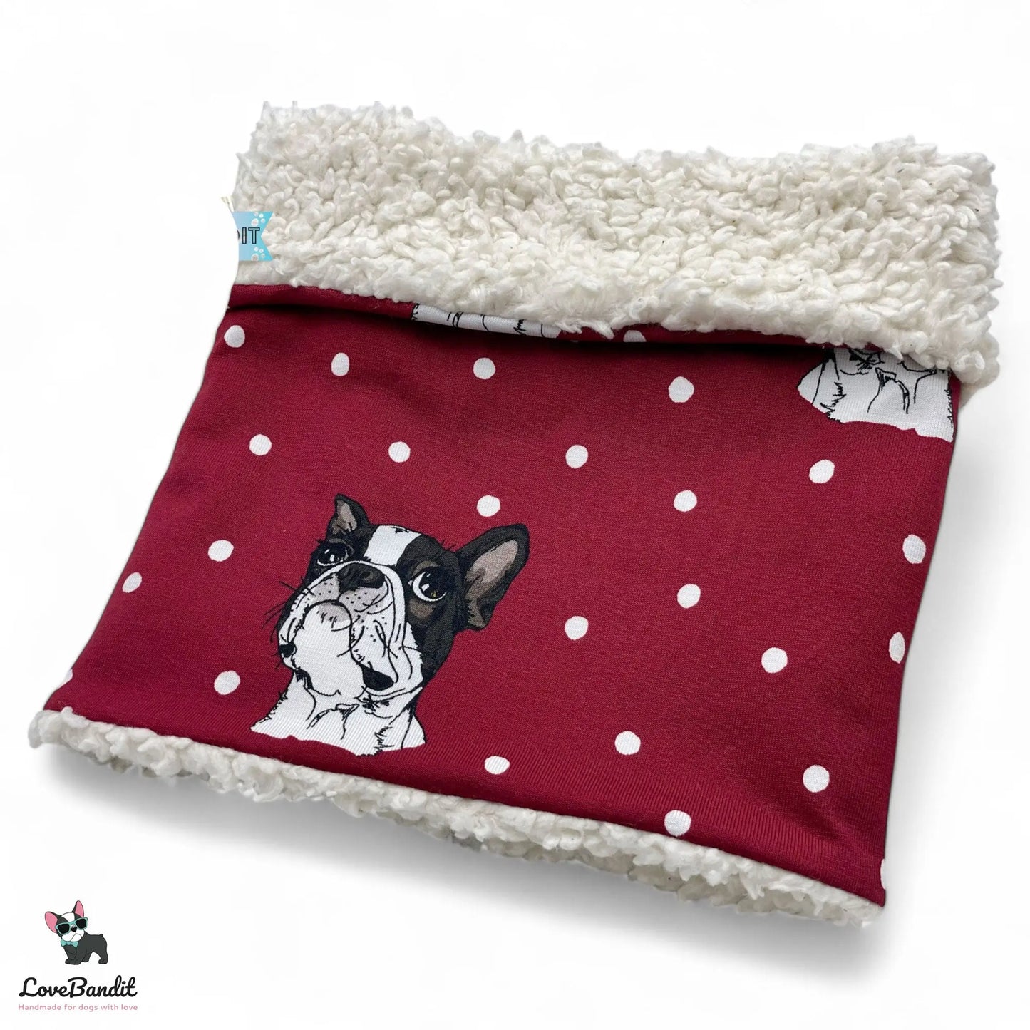 Hundeloop Hundeschal "Winter Boston" Boston Terrier und Punkte rot mit Fleece oder Teddyplüsch Lovebandit