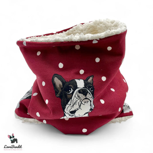 Hundeloop Hundeschal "Winter Boston" Boston Terrier und Punkte rot mit Fleece oder Teddyplüsch Lovebandit