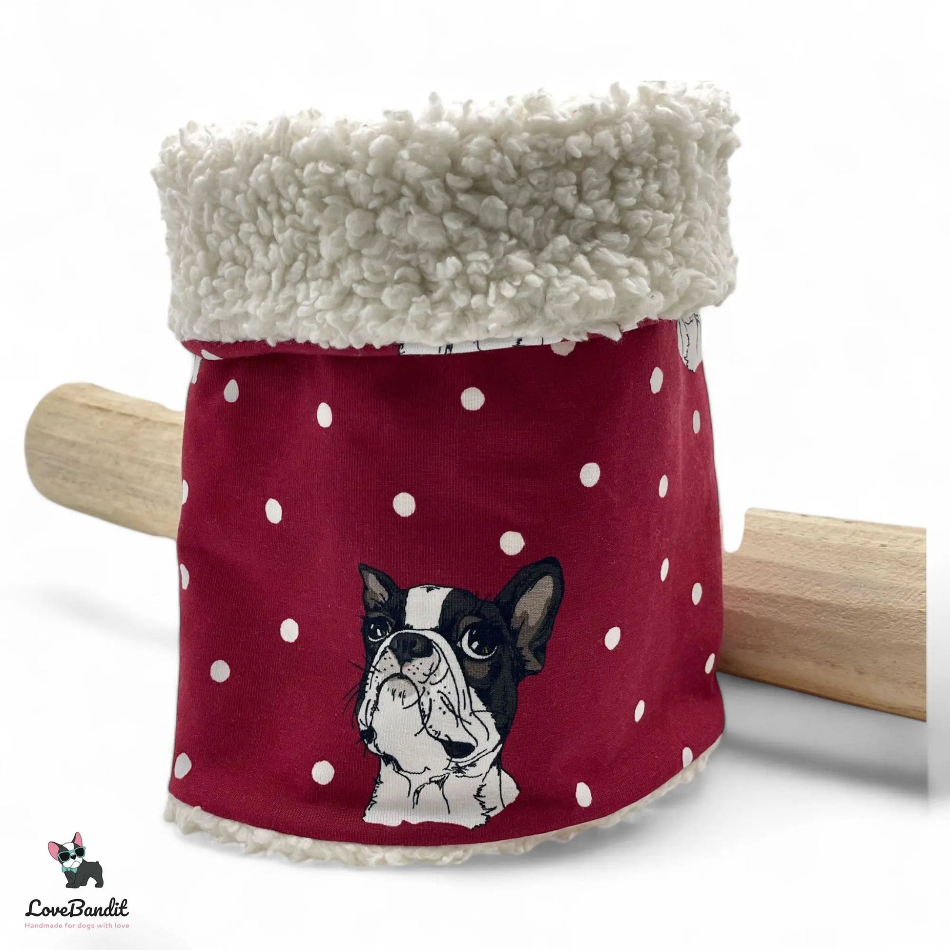 Hundeloop Hundeschal "Winter Boston" Boston Terrier und Punkte rot mit Fleece oder Teddyplüsch Lovebandit