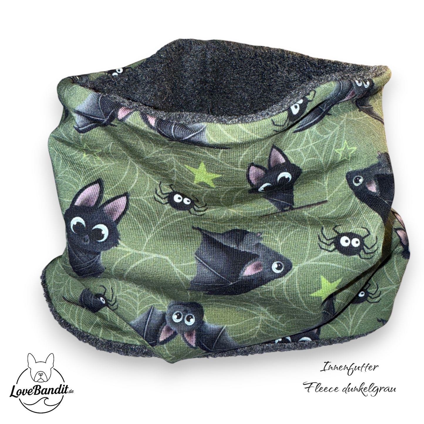 Hundeloop Hundeschal "Itsy Bitsy Fledermaus" oliv Fleece oder Teddyplüsch Lovebandit