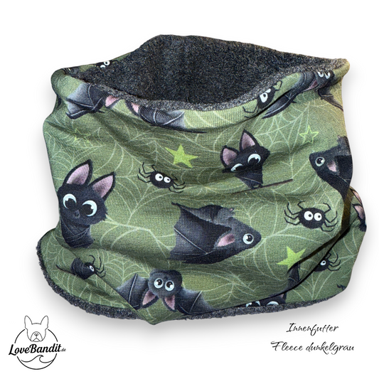Hundeloop Hundeschal "Itsy Bitsy Fledermaus" oliv Fleece oder Teddyplüsch Lovebandit
