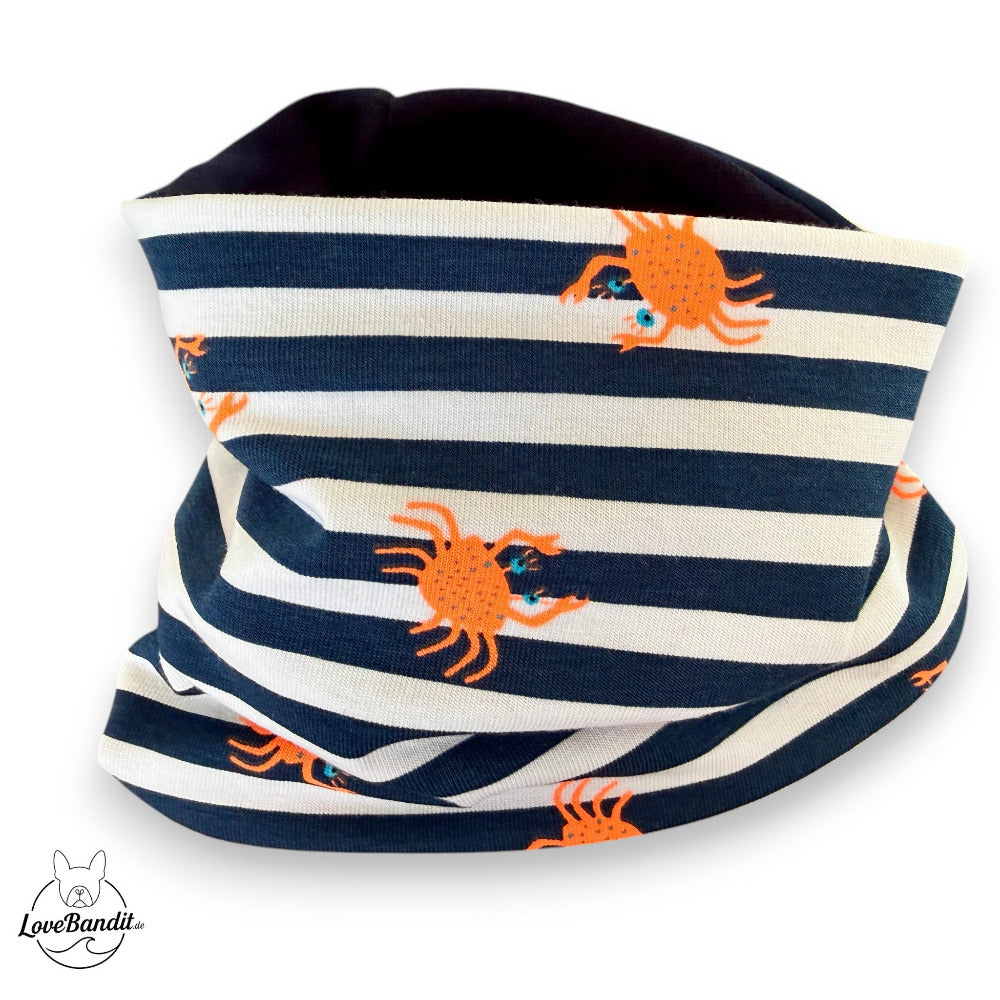 Hundeloop_Hundeschal_Fruehling_Sommer_gestreift_blau_weiss_Krabben_neonorange-LoveBandit