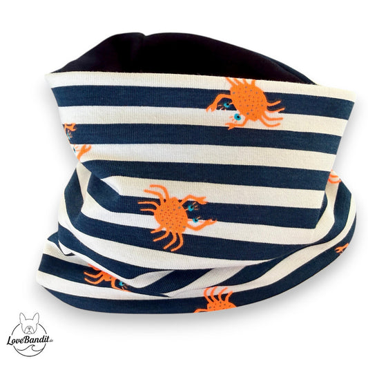 Hundeloop_Hundeschal_Fruehling_Sommer_gestreift_blau_weiss_Krabben_neonorange-LoveBandit