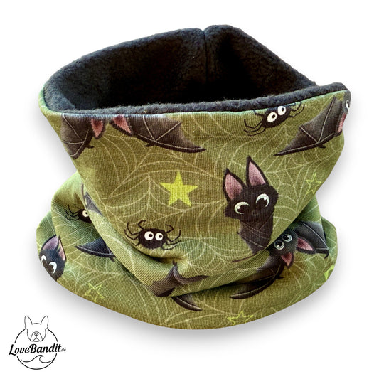 Hundeloop Hundeschal "Itsy Bitsy Fledermaus" oliv Fleece oder Teddyplüsch Lovebandit