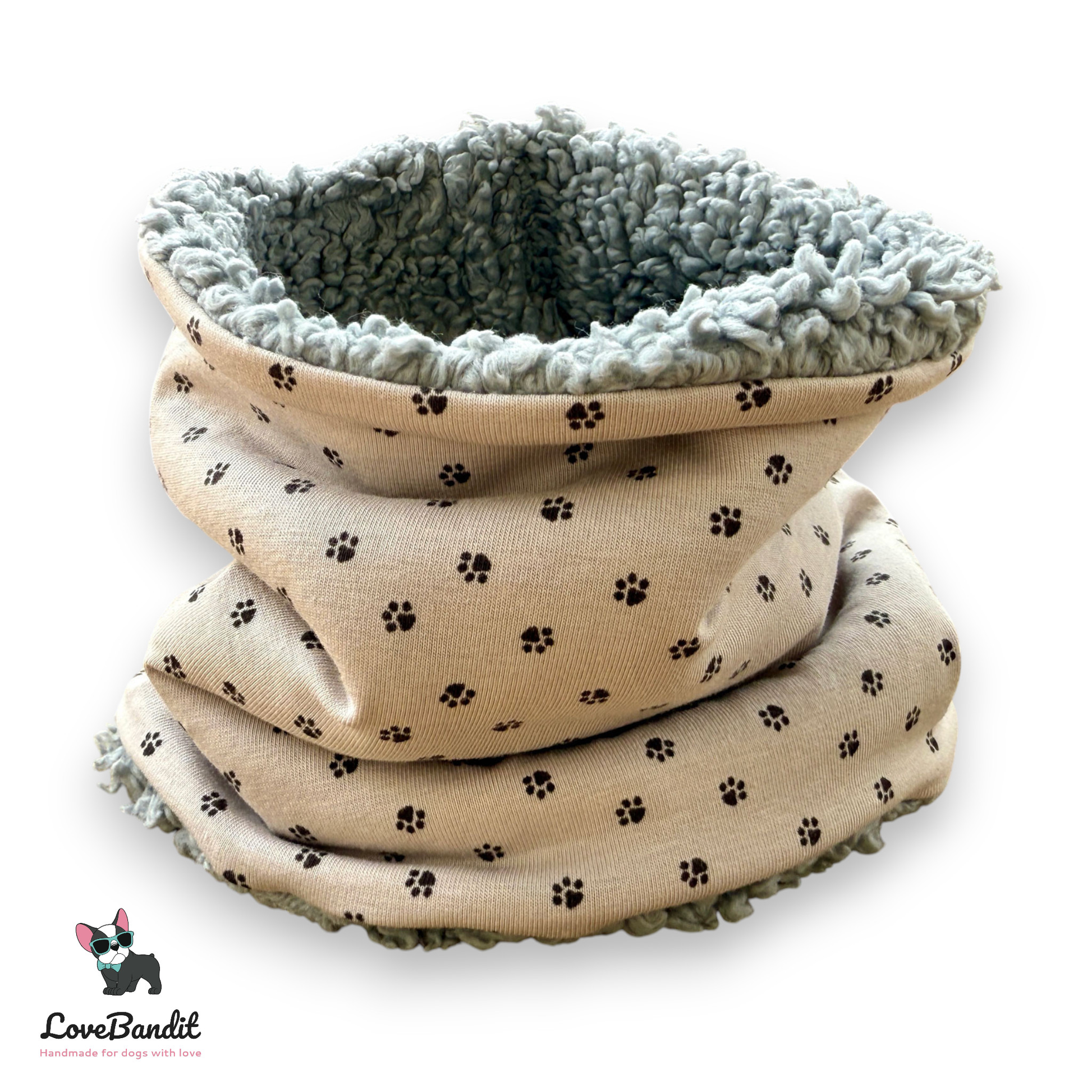 Hundeloop Hundeschal Pfötchen Traum Taupe Fleece Teddyplüsch Lovebandit