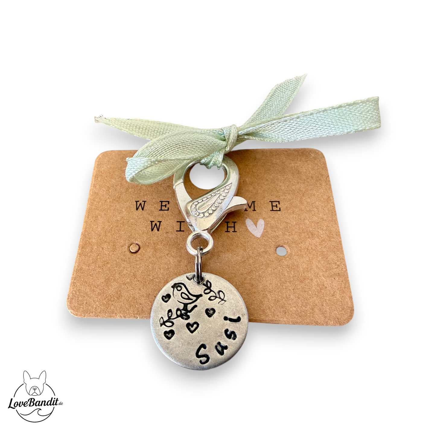 Hundemarke Birdie aus Messing (silber oder goldfarben) Lovebandit