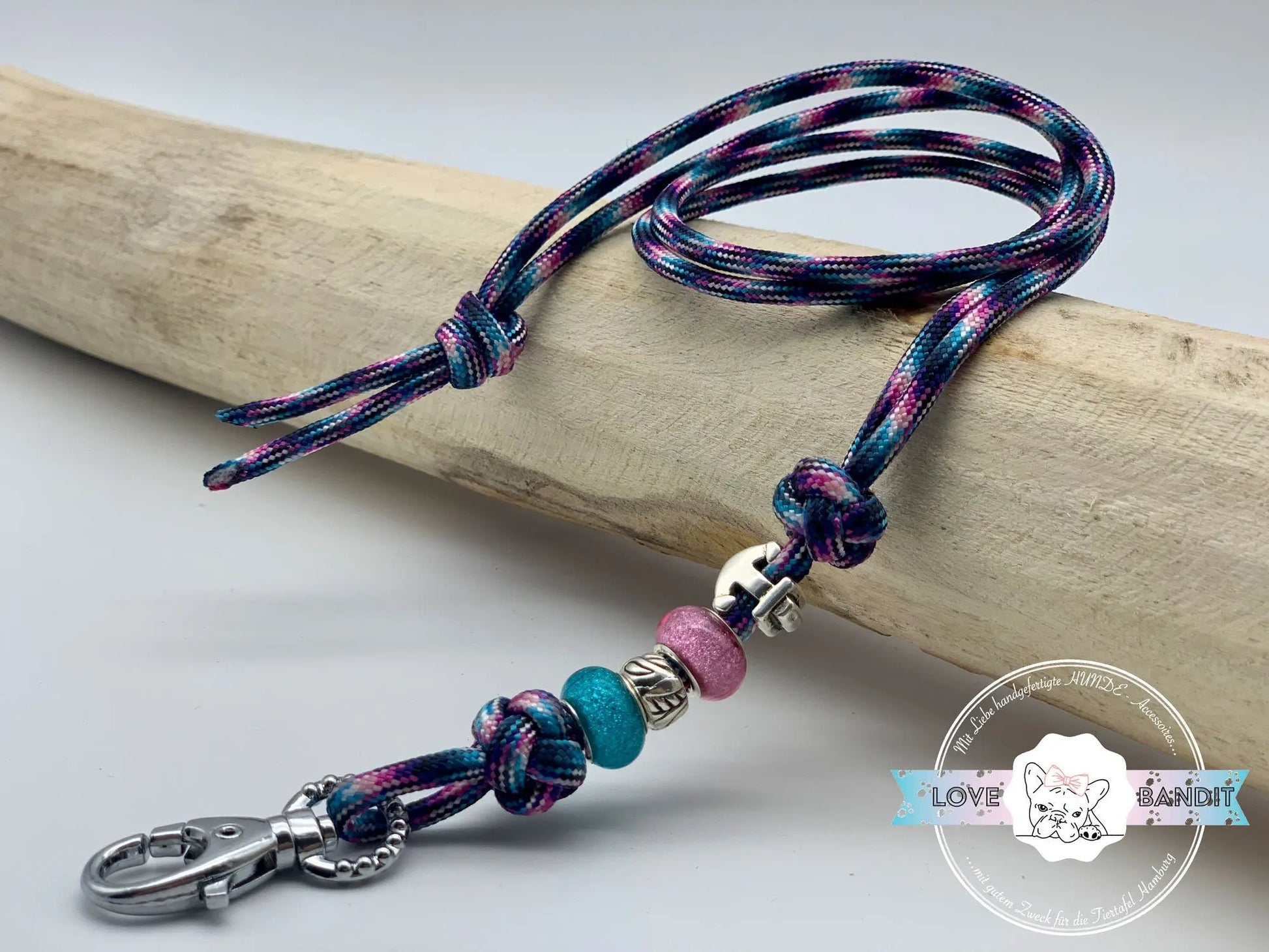 Hundepfeifenband Anker türkis rosa aus Paracord - LoveBandit