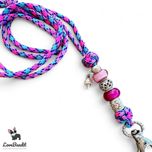 Hundepfeifenband "Glückspilz" neonpink blau aus Paracord Lovebandit