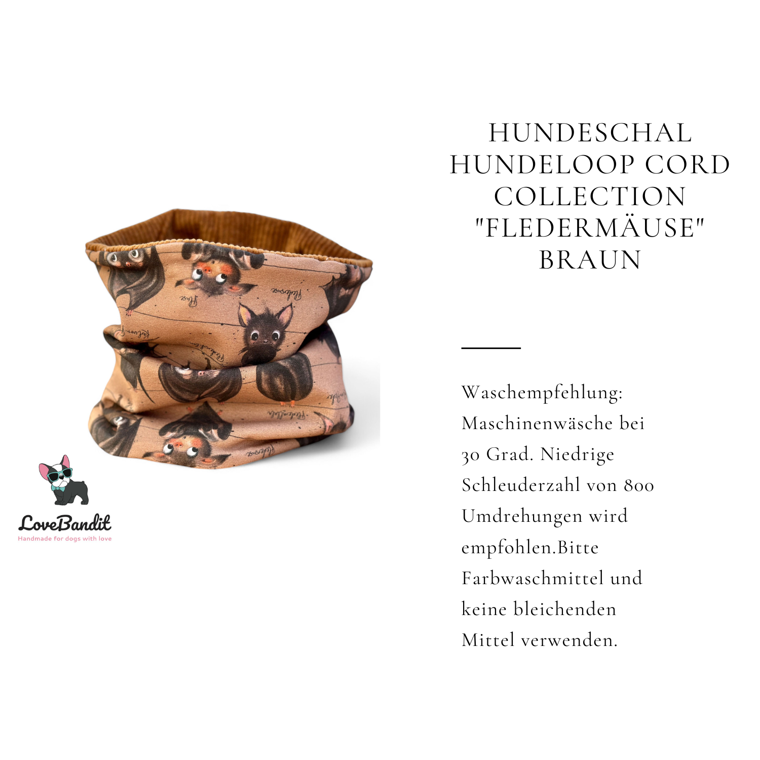 Hundeschal Hundeloop "Fledermäuse" Braun - mit Teddyplüsch oder Fleece - LoveBandit