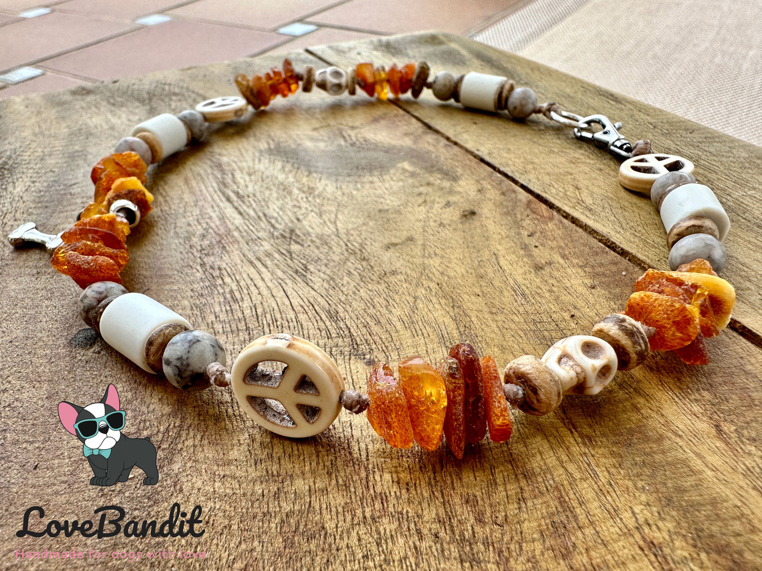 Bernsteinkette "Flintstones" mit EM Keramik für Hunde - aus Rohbernstein Lovebandit
