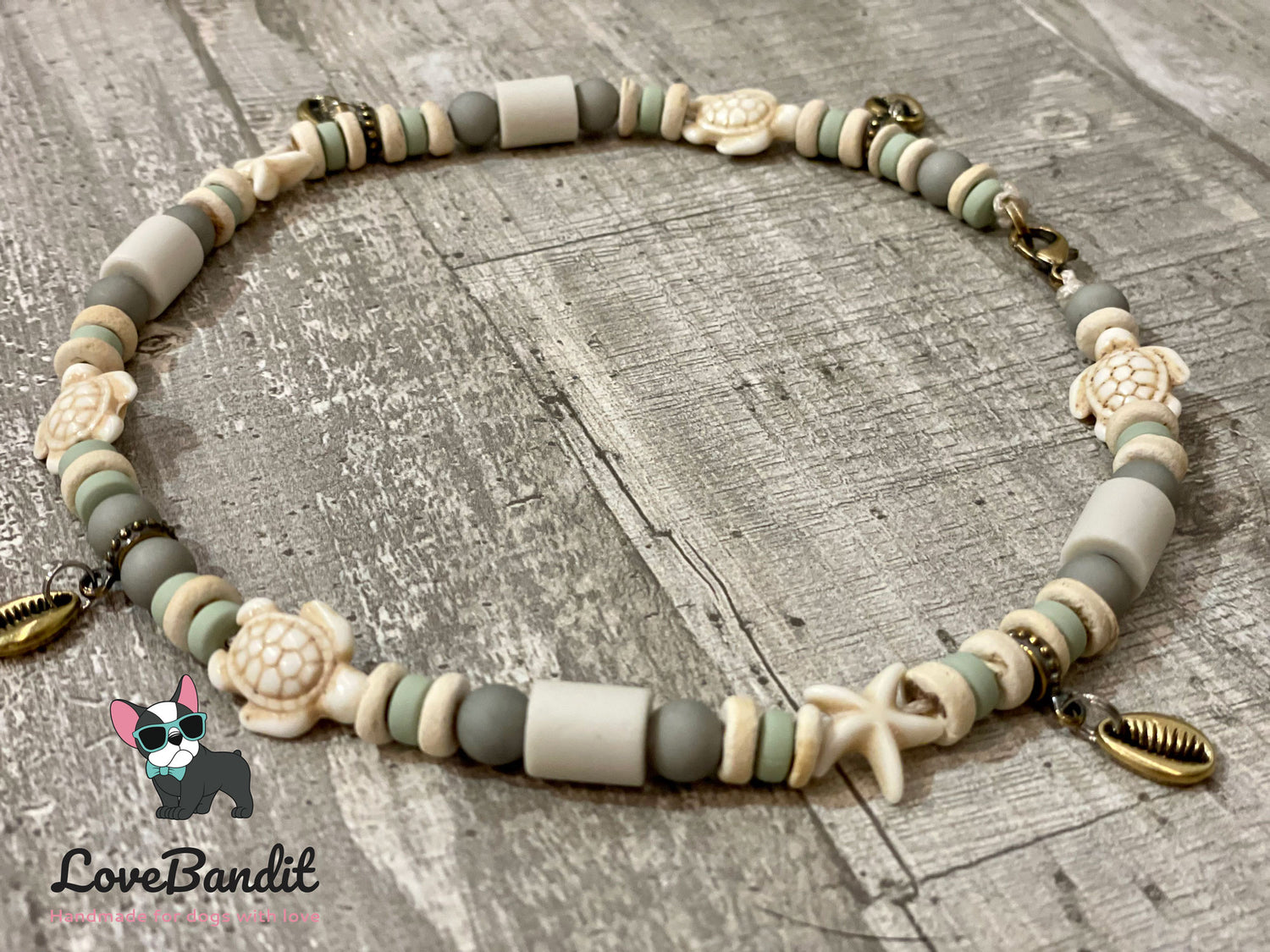 EM Keramik Hundehalsband "Kailua" mit Muschelanhängern antik bronze Lovebandit