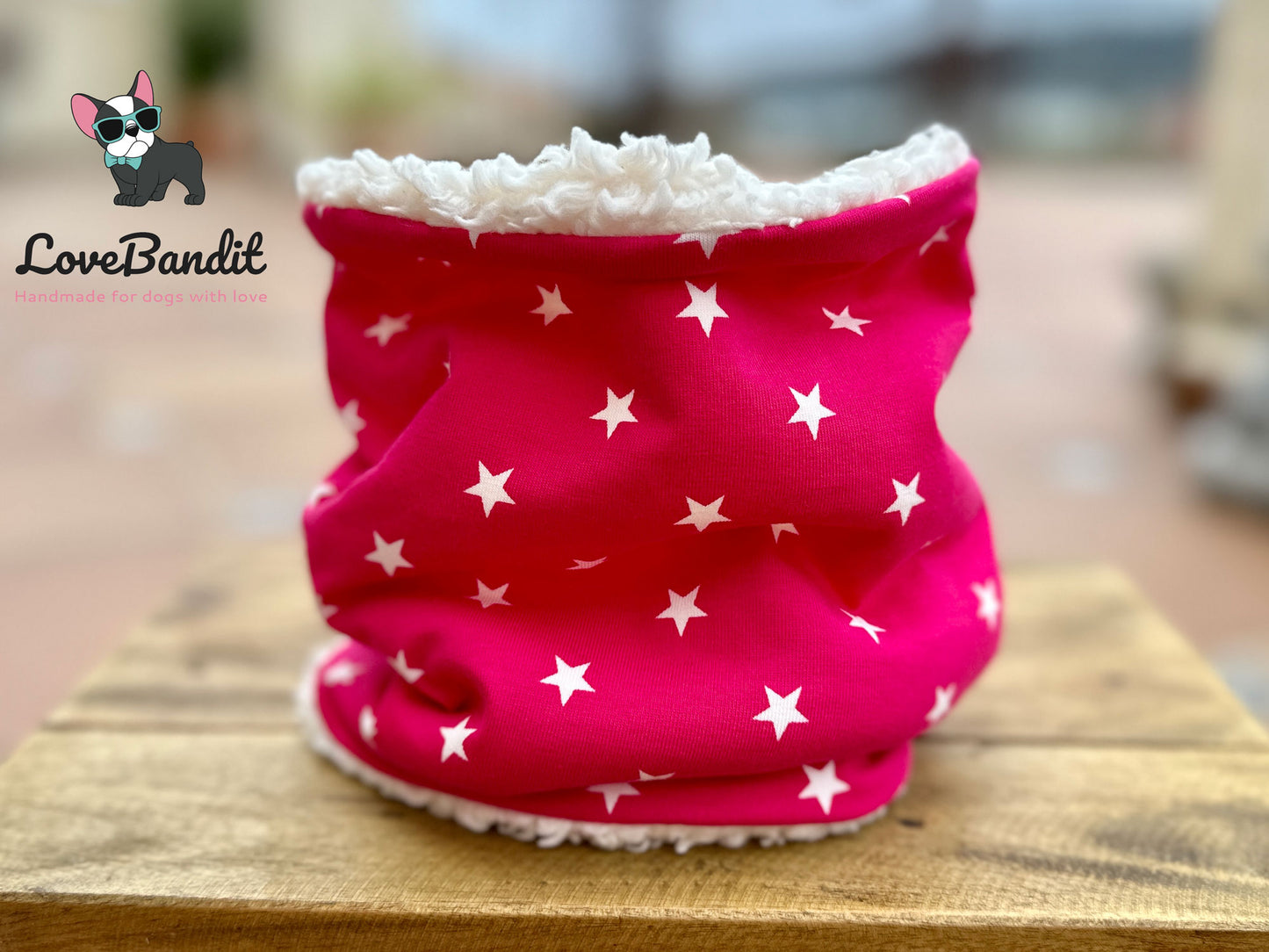 Hundeloop Hundeschal "Sterne dunkelpink" mit Fleece oder Teddyplüsch Lovebandit