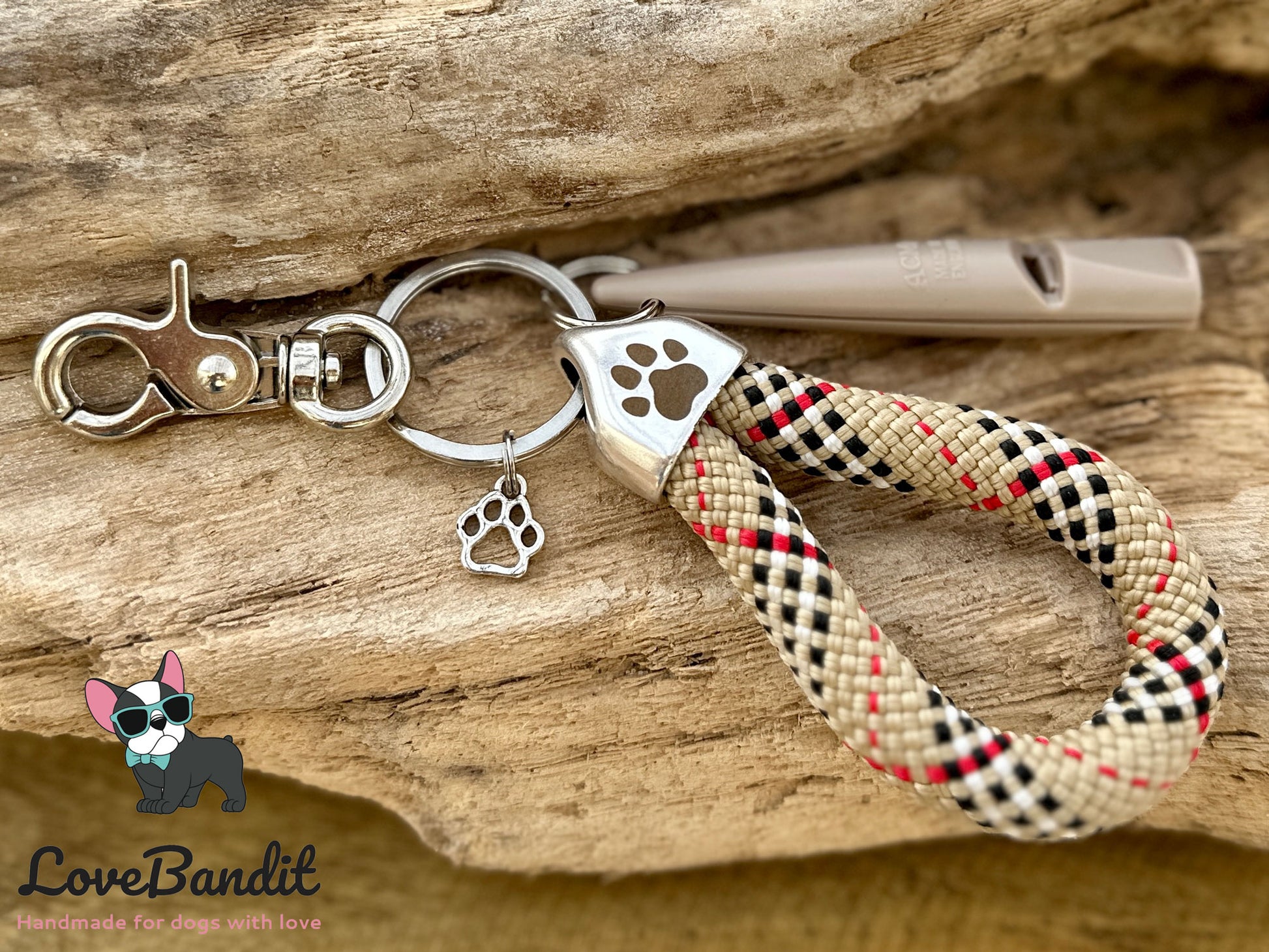 Schlüsselanhänger Pfeifenband mit Karabiner für Hundepfeife Tartan beige Lovebandit