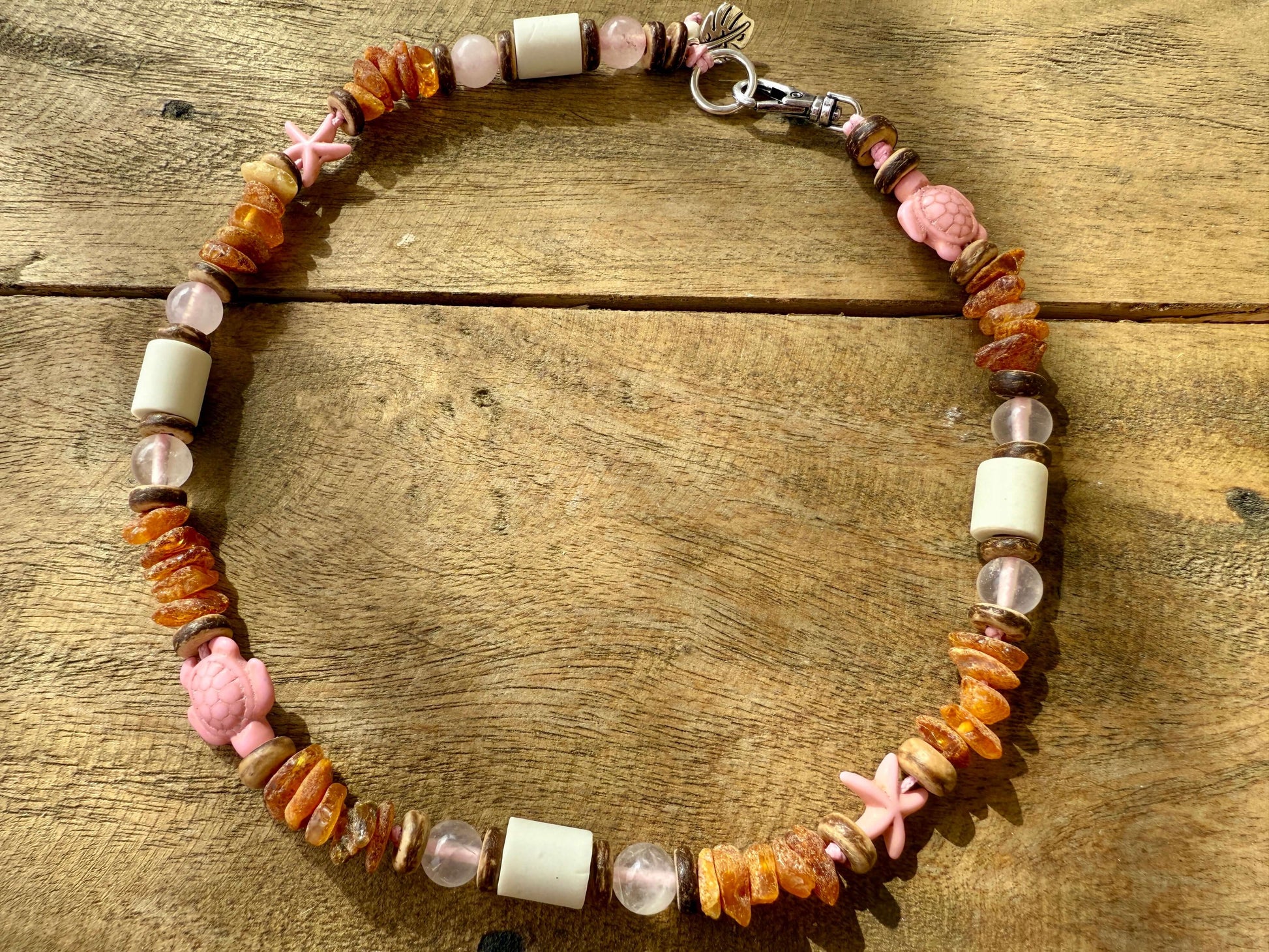 Bernsteinkette für Hunde Rosé Turtle EM-Keramik Rosenquarz-Lovebandit