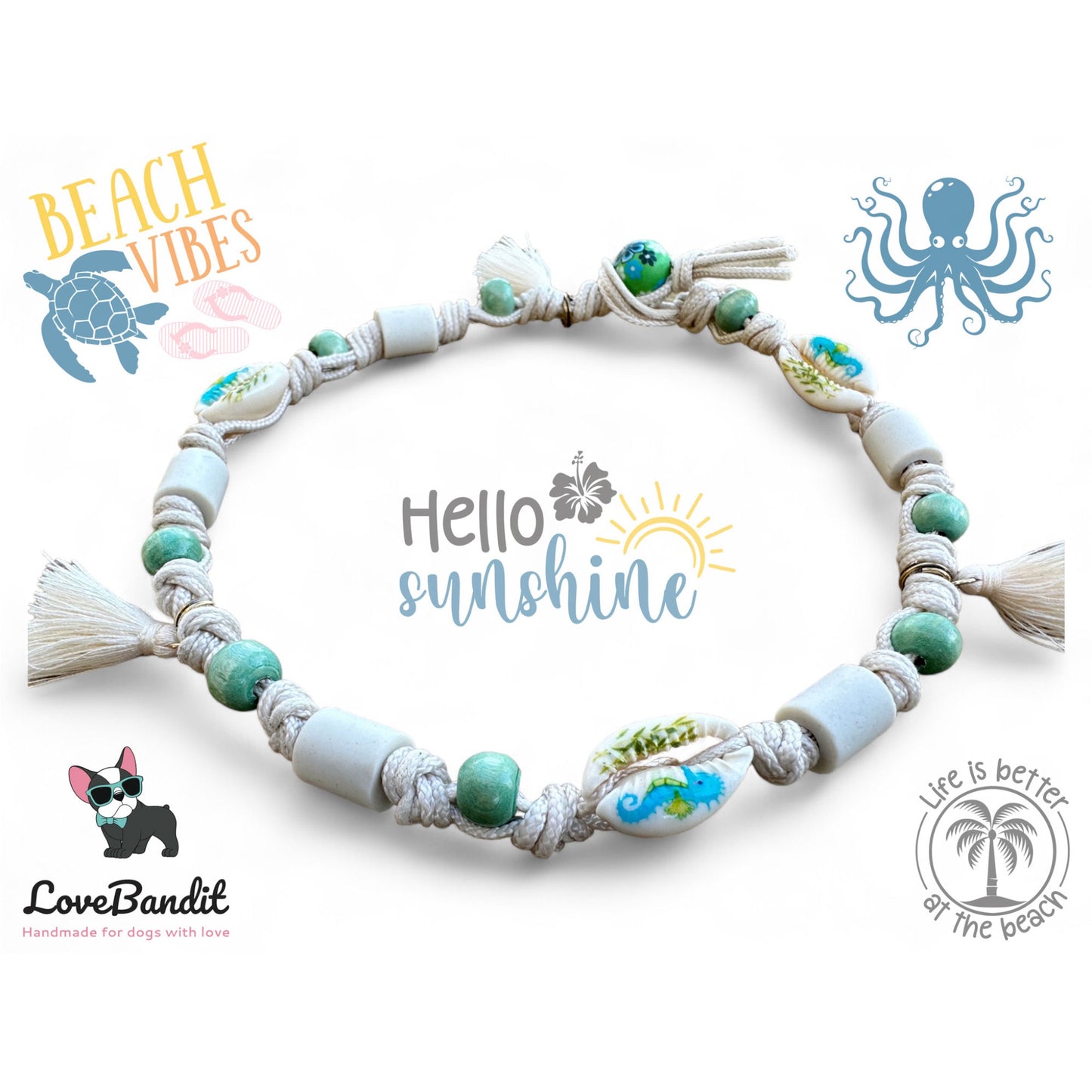 EM Keramik Hundehalsband Zeckenhalsband "Summerbreeze Seagreen" mit Muscheln LoveBandit