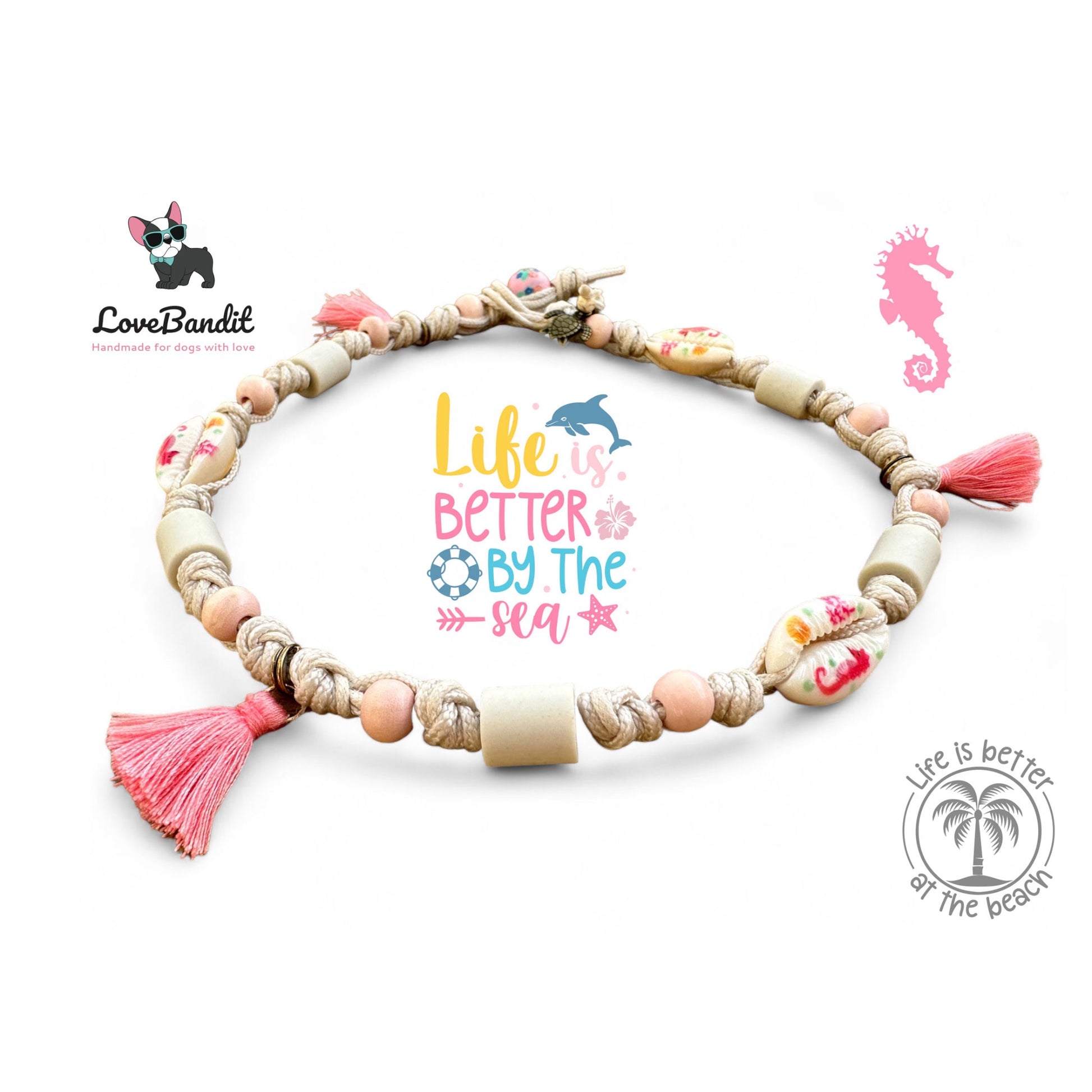 EM-Keramik Halsband Zeckenhalsband Muscheln Quasten Salmonpink LoveBandit