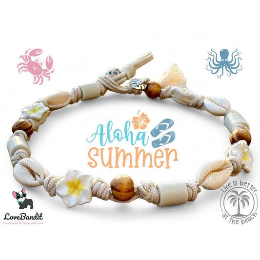 EM Keramik Hundehalsband Zeckenhalsband "Hula Dog 2 weiss" Hawaiiblümchen LoveBandit