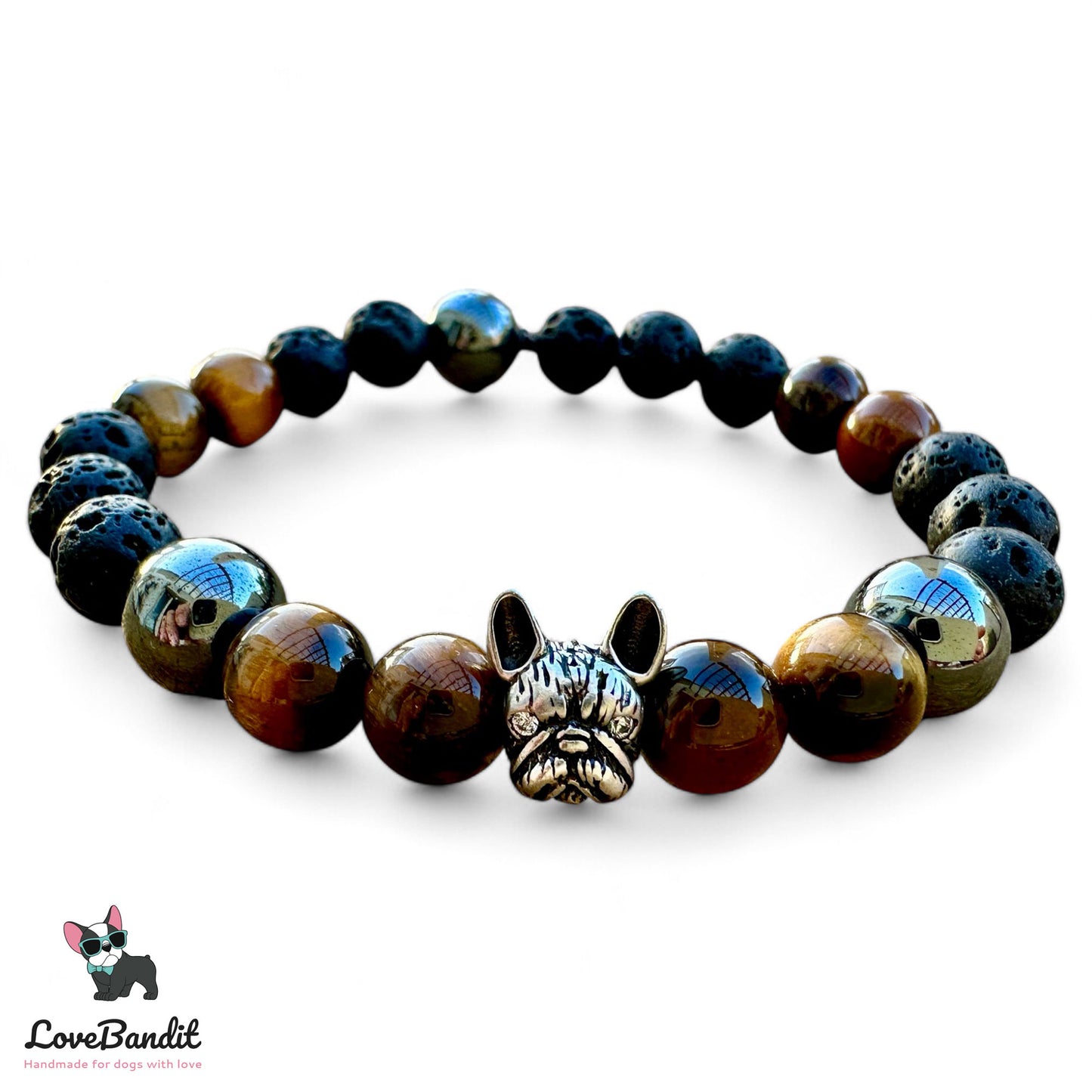 Bulldog Frenchie Halbedelstein Armband Tigerauge Lava Hämatit für Frauchen und Herrchen Lovebandit