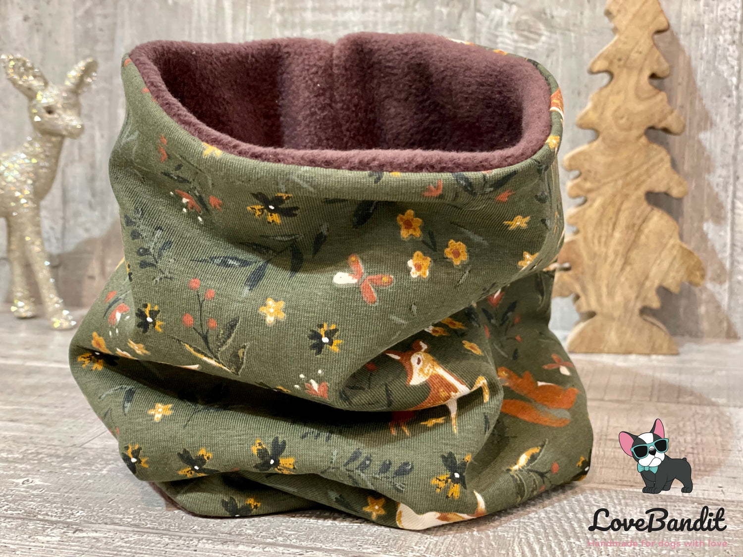 Hundeloop "Reh, Hase & Eichhörnchen oliv" mit Fleece oder Teddyplüsch Lovebandit